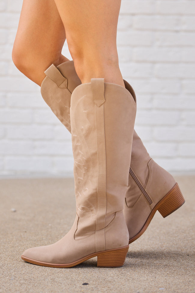 Women’s Tan Tall Cowboy Boots, Pointed Toe Shaft