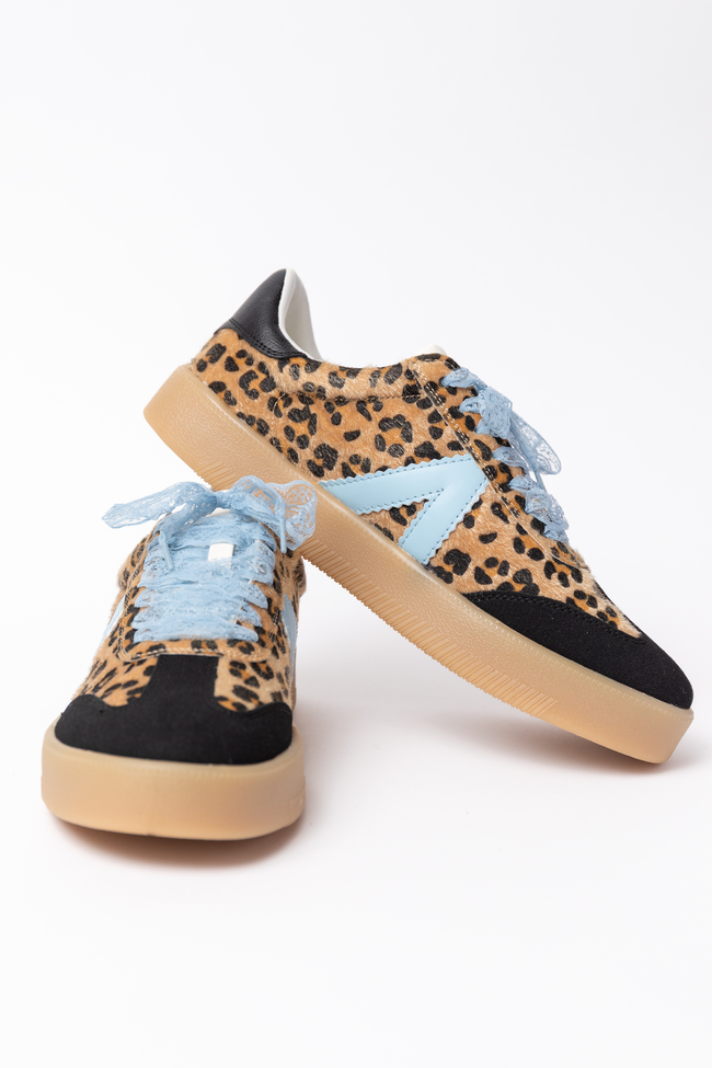 Women’s Blue Jaguar Sneakers, Faux Leather Lace-Up