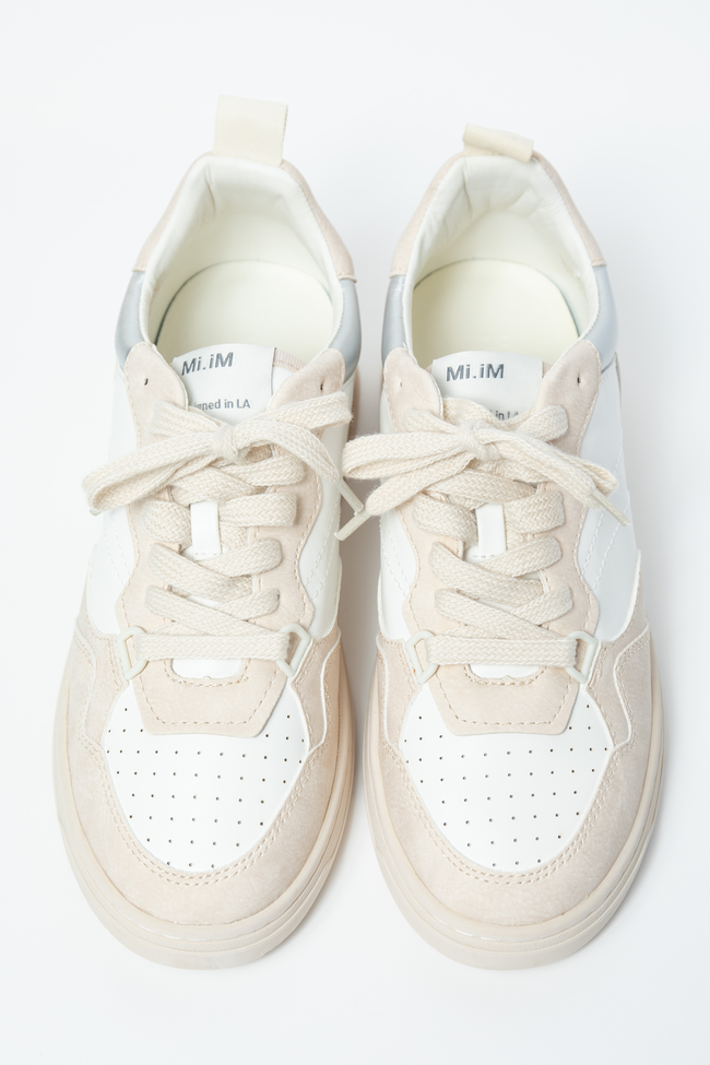 Women’s Beige Sneakers, Lace-Up Faux Leather