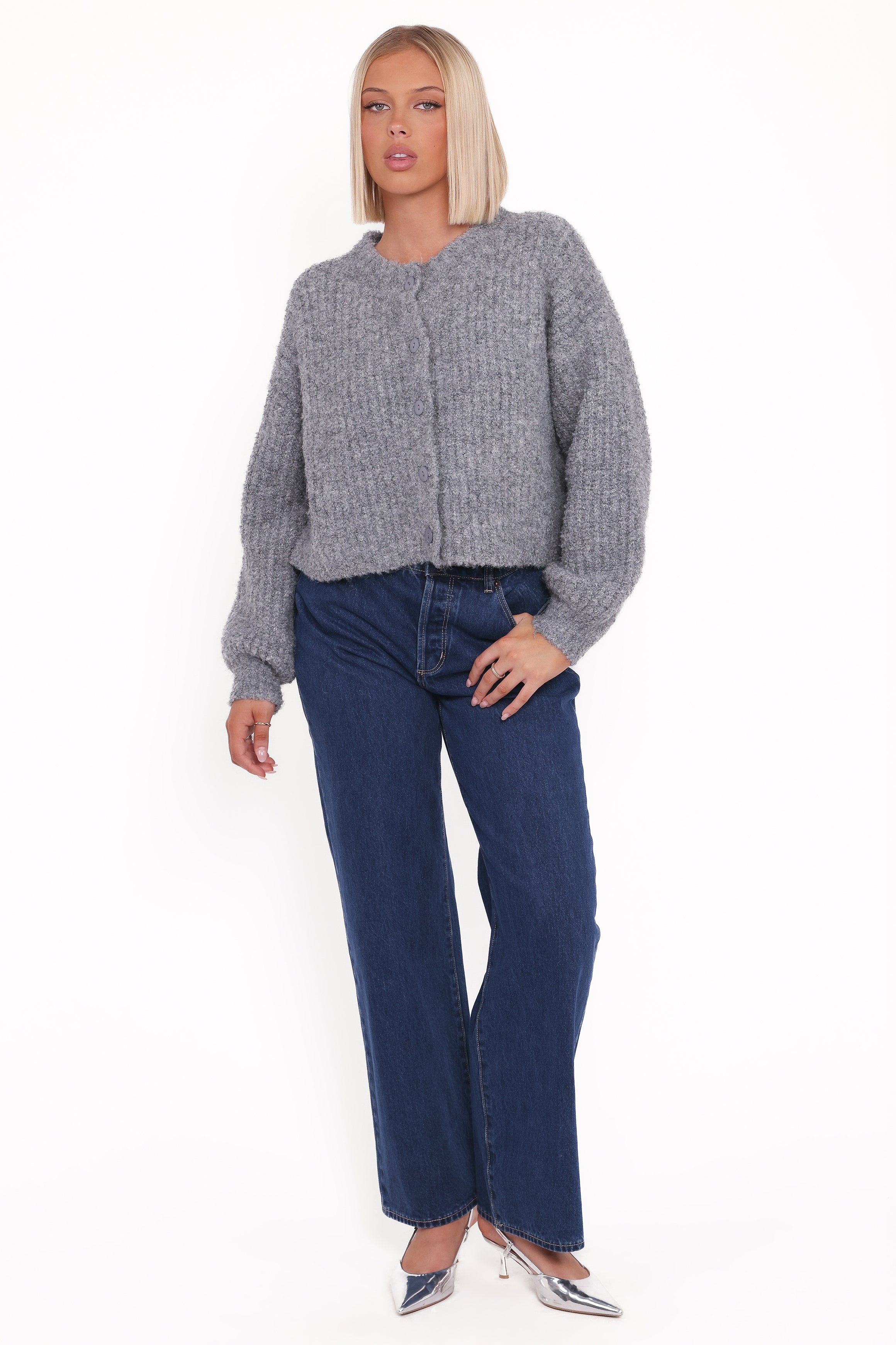 Women’s Gray Knitted Cardigan, Long Sleeve Button Down