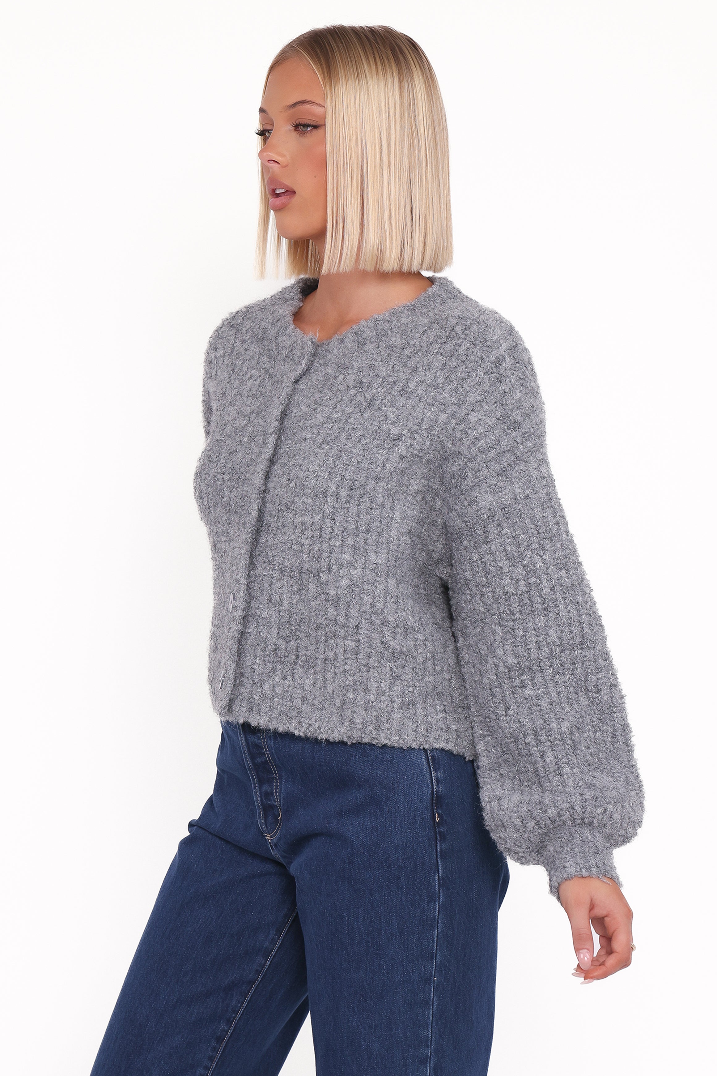 Women’s Gray Knitted Cardigan, Long Sleeve Button Down