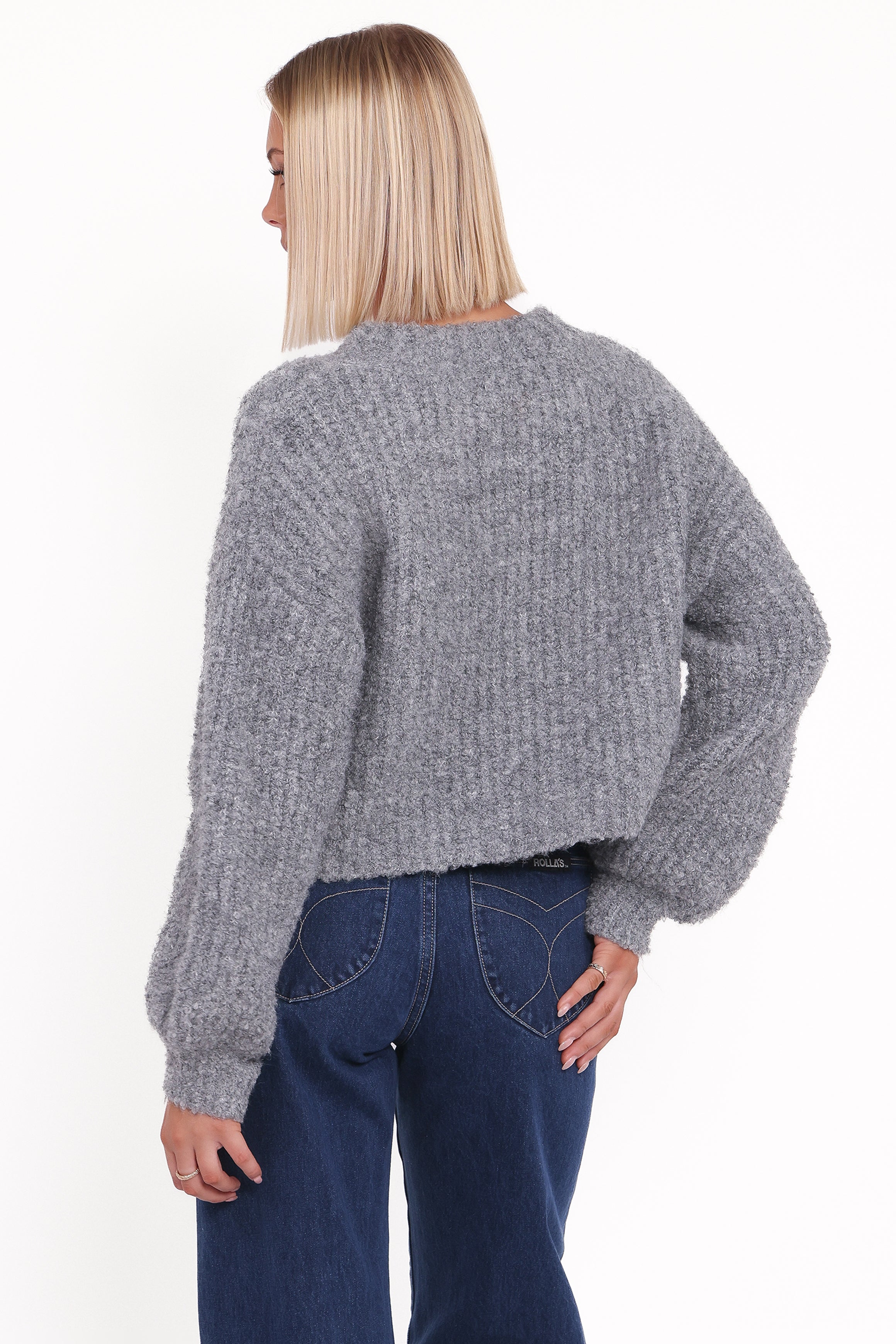 Women’s Gray Knitted Cardigan, Long Sleeve Button Down