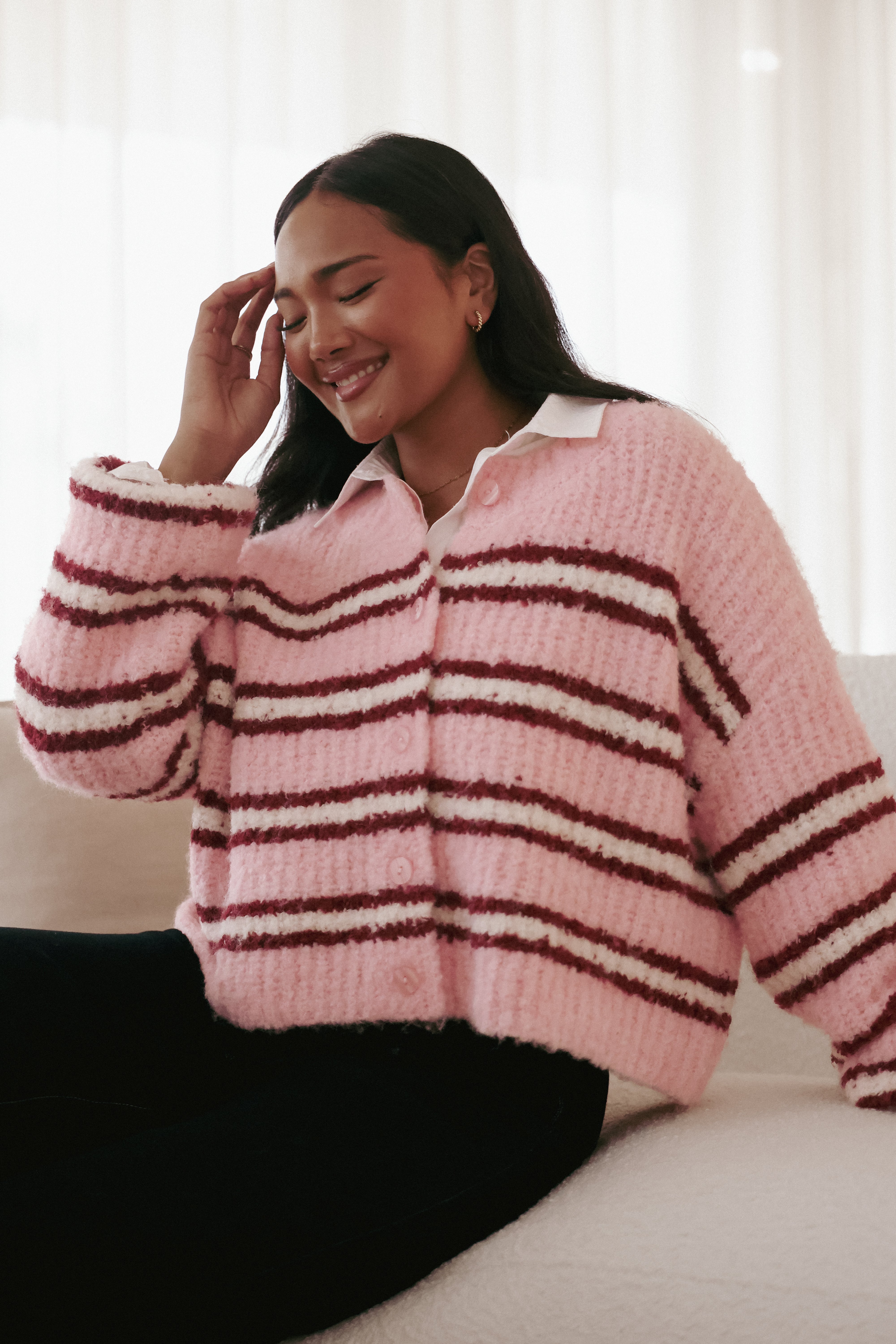 Women’s Pink Stripe Cardigan, Knitted Long Sleeve
