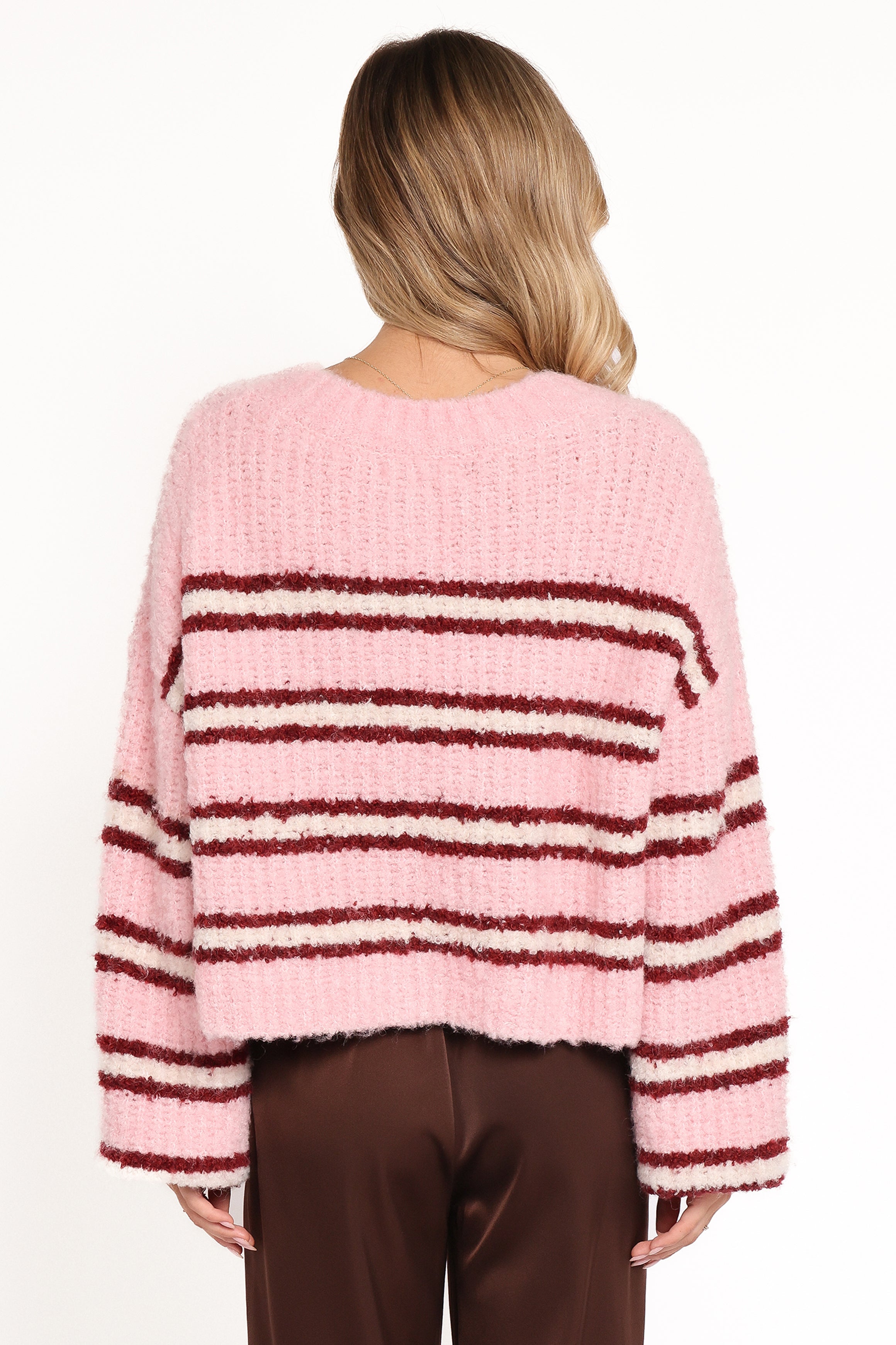 Women’s Pink Stripe Cardigan, Knitted Long Sleeve