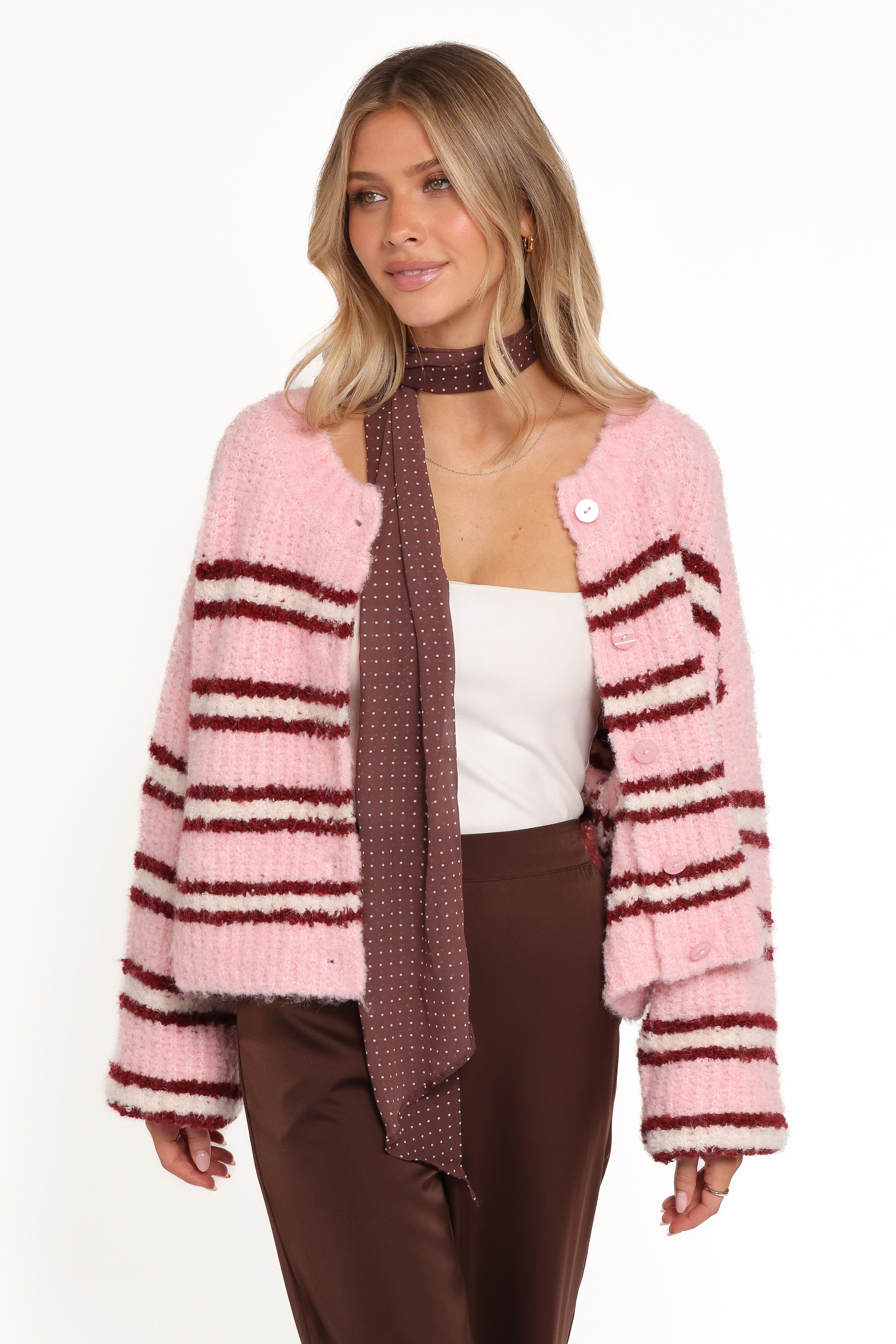 Women’s Pink Stripe Cardigan, Knitted Long Sleeve