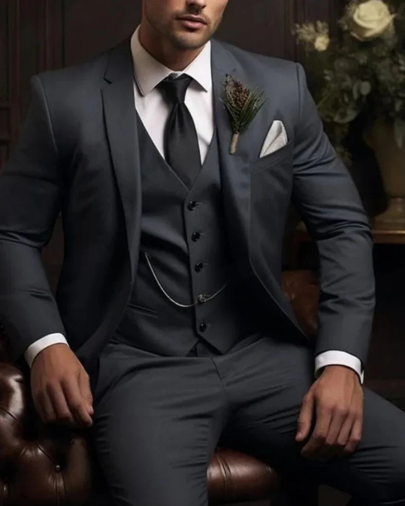 Men's Slim Fit Three Piece Suit Set with Jacket, Vest and Trousers