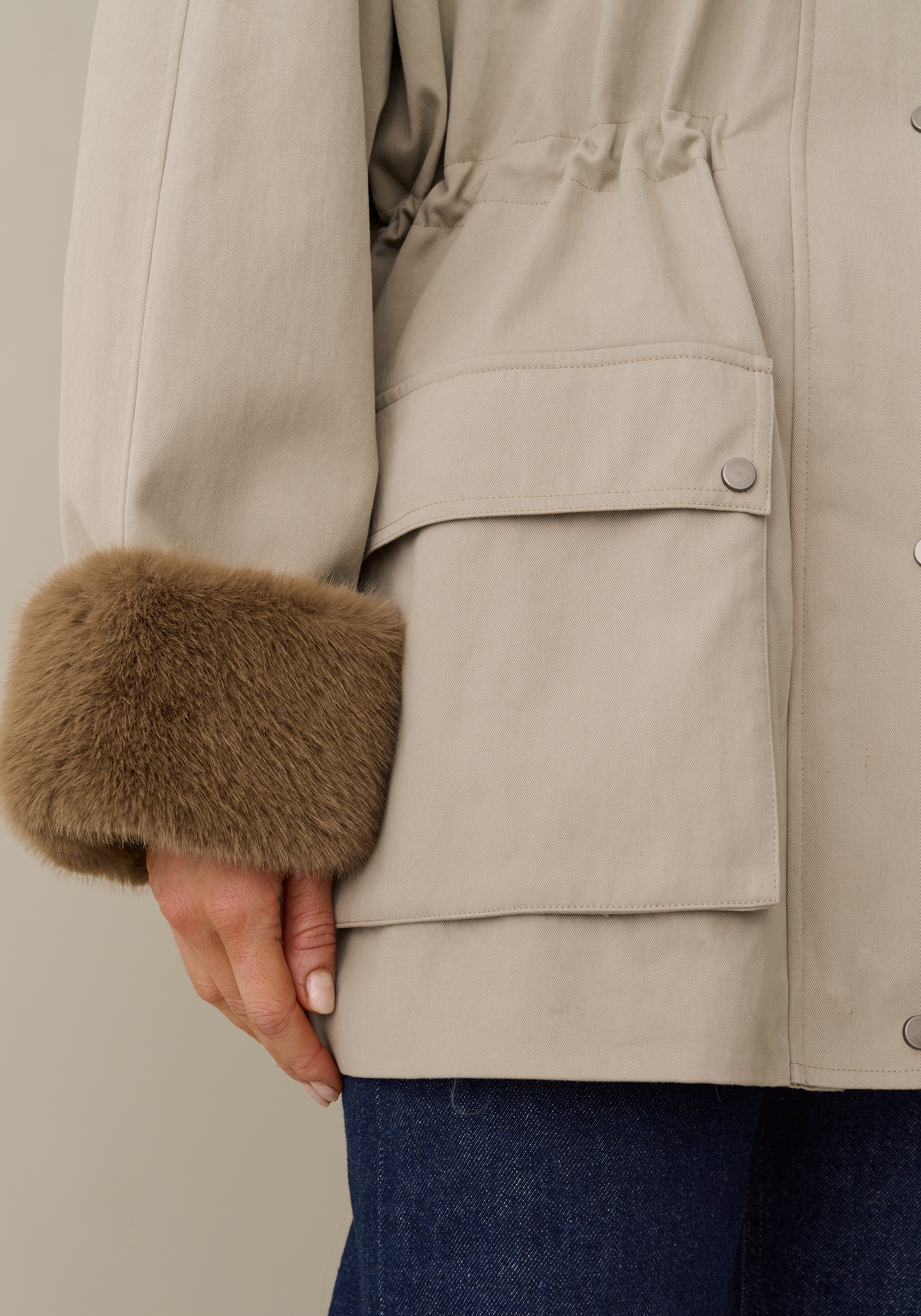 Women’s Utility Jacket with Faux Fur Collar & Pockets, Lined