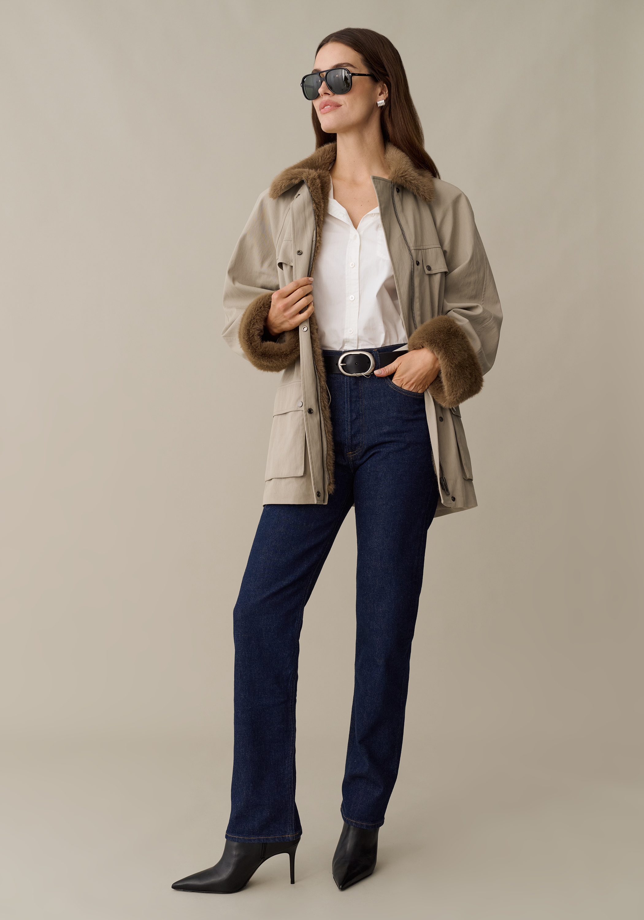 Women’s Utility Jacket with Faux Fur Collar & Pockets, Lined