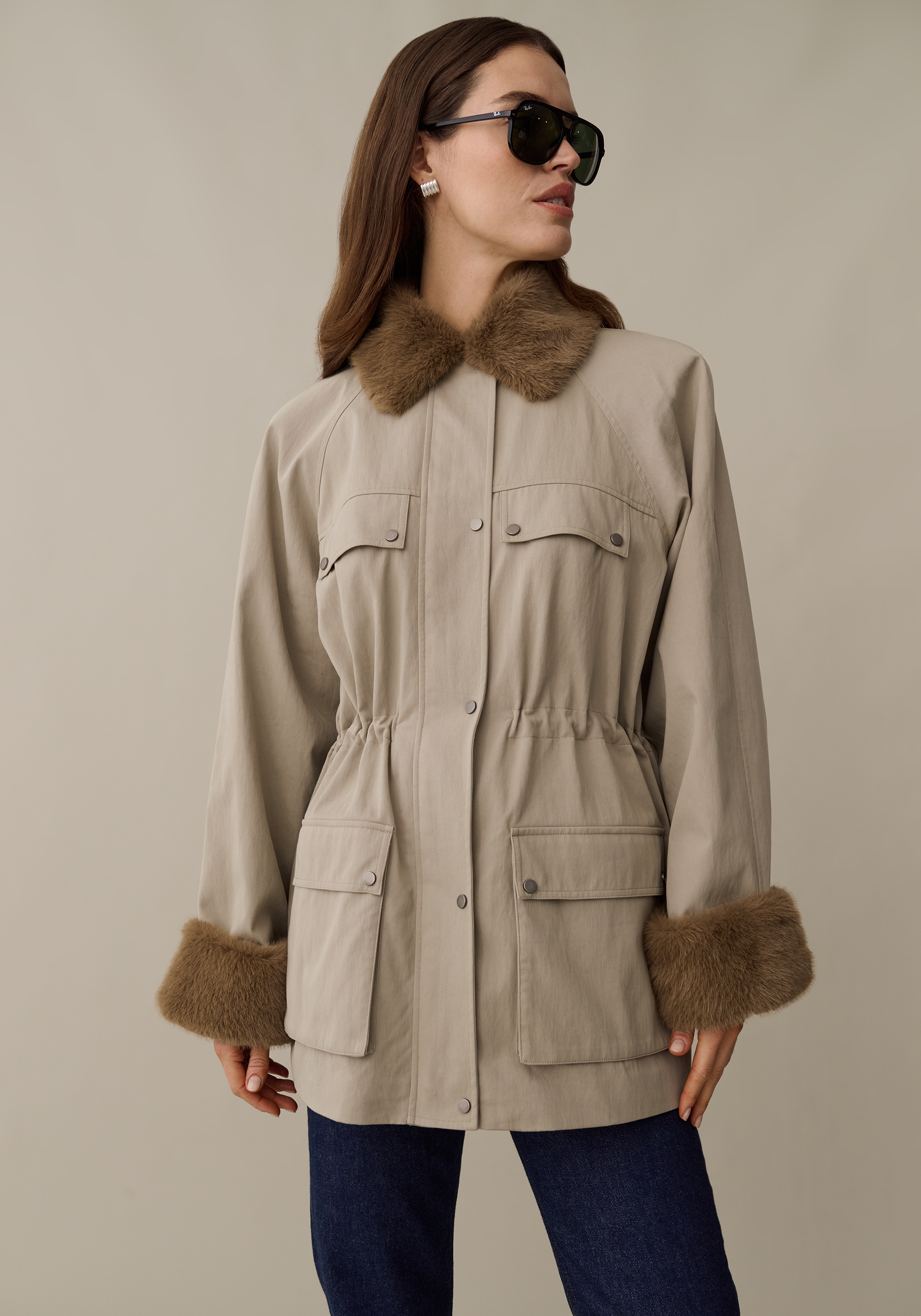 Women’s Utility Jacket with Faux Fur Collar & Pockets, Lined