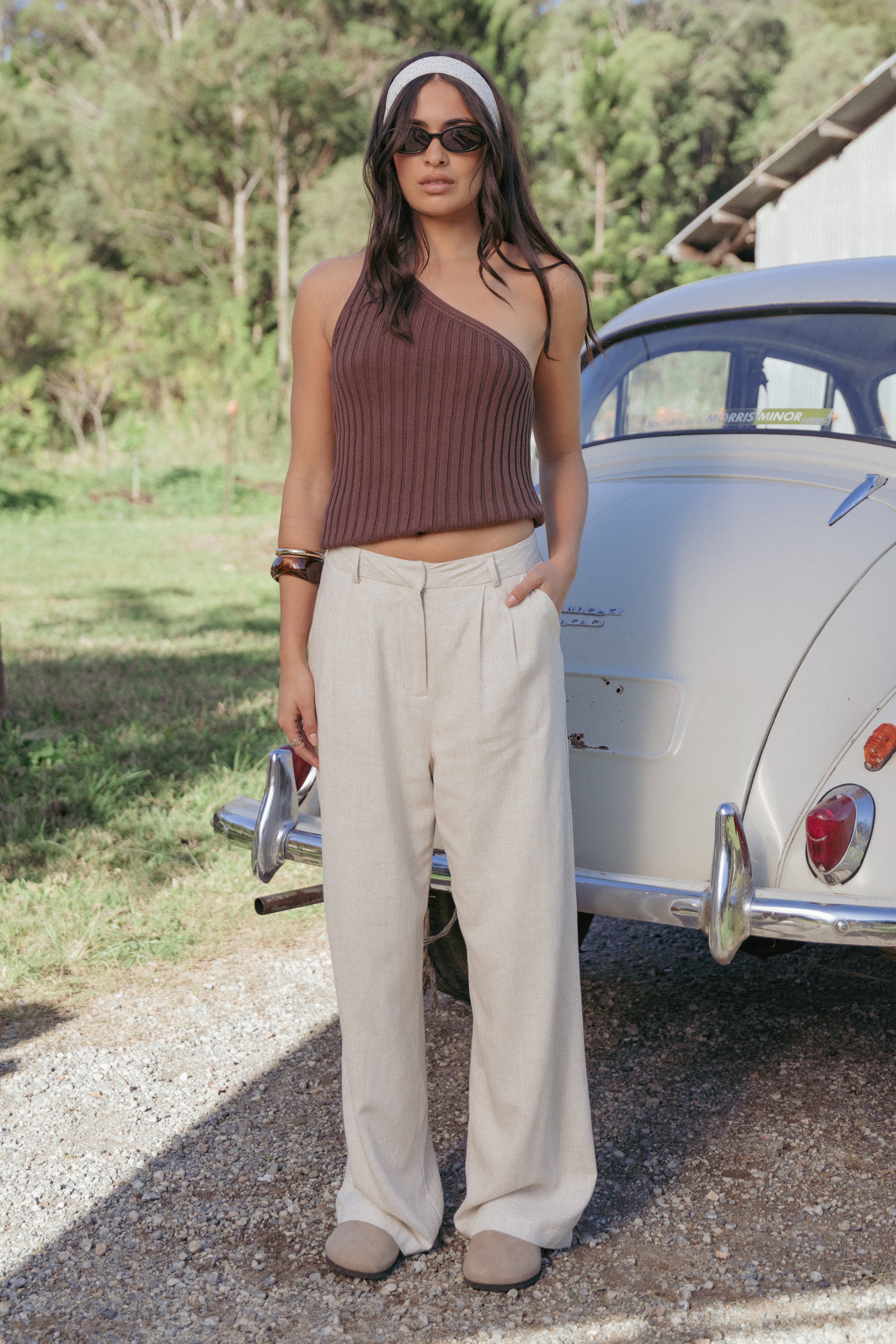 Women’s Beige Linen Pants, High-Rise Pleated Design
