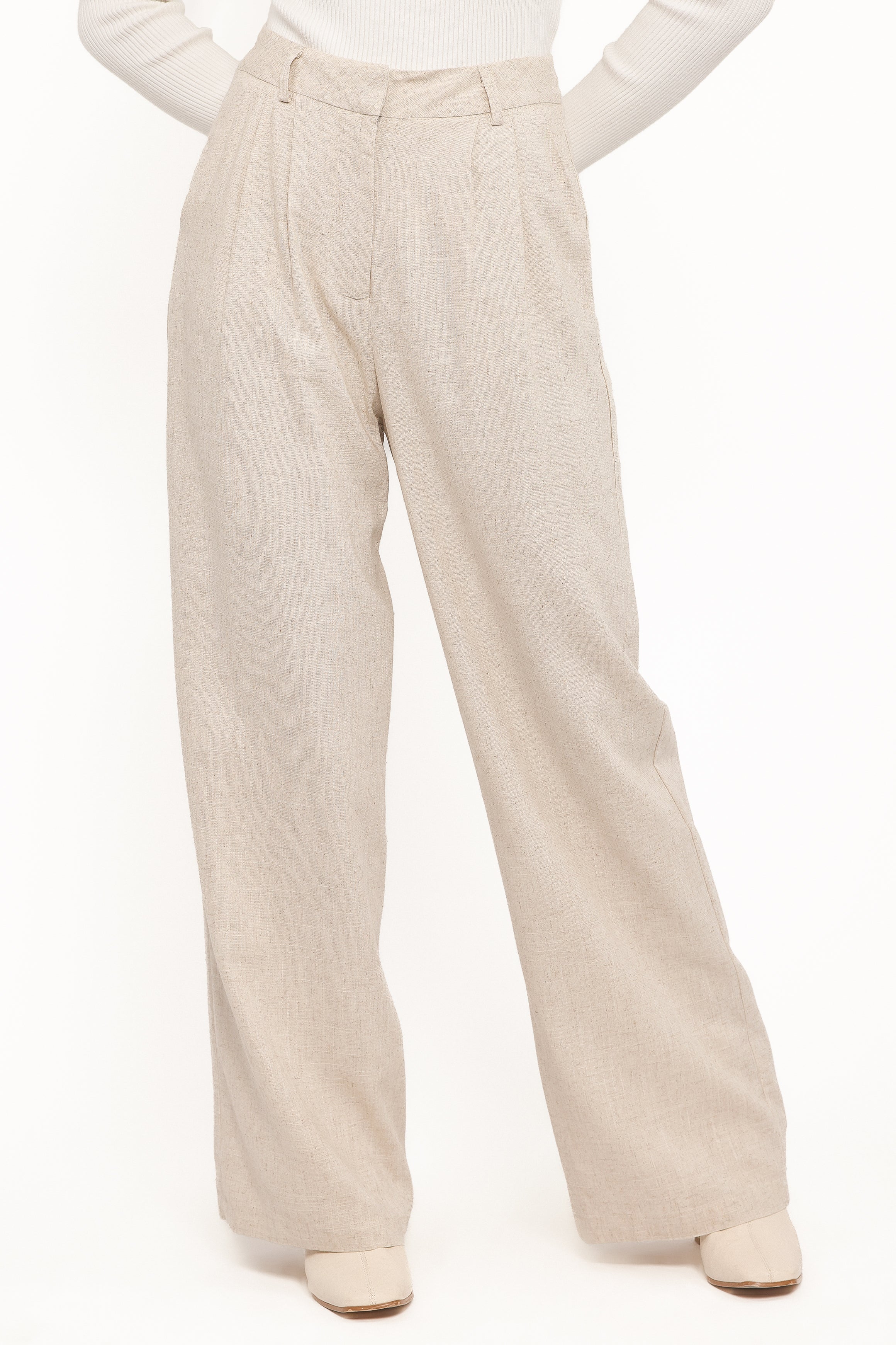 Women’s Beige Linen Pants, High-Rise Pleated Design