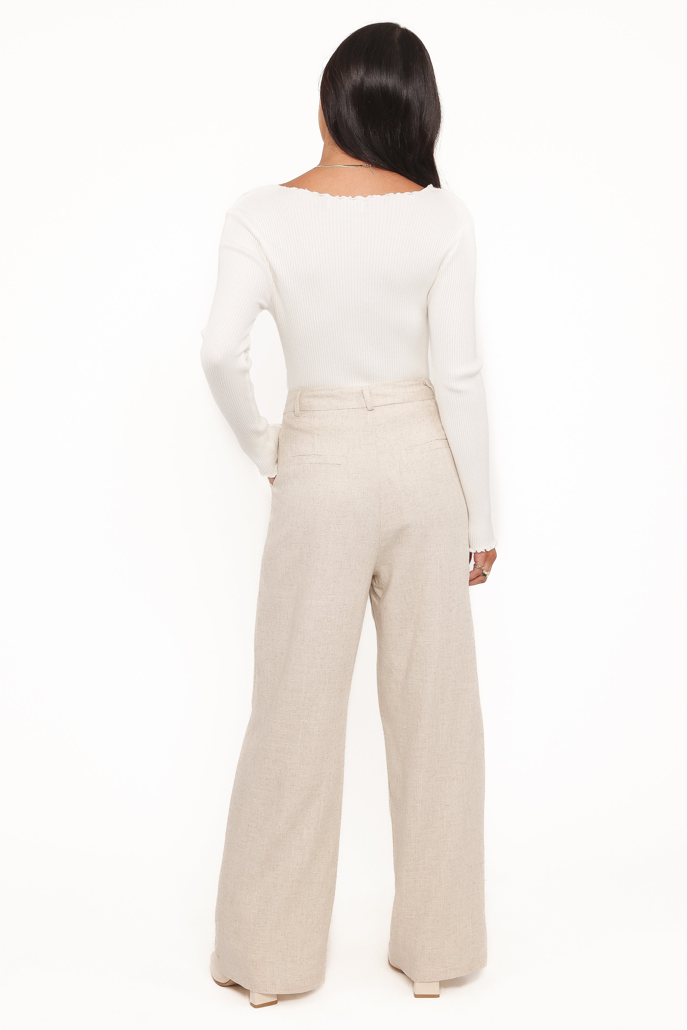 Women’s Beige Linen Pants, High-Rise Pleated Design