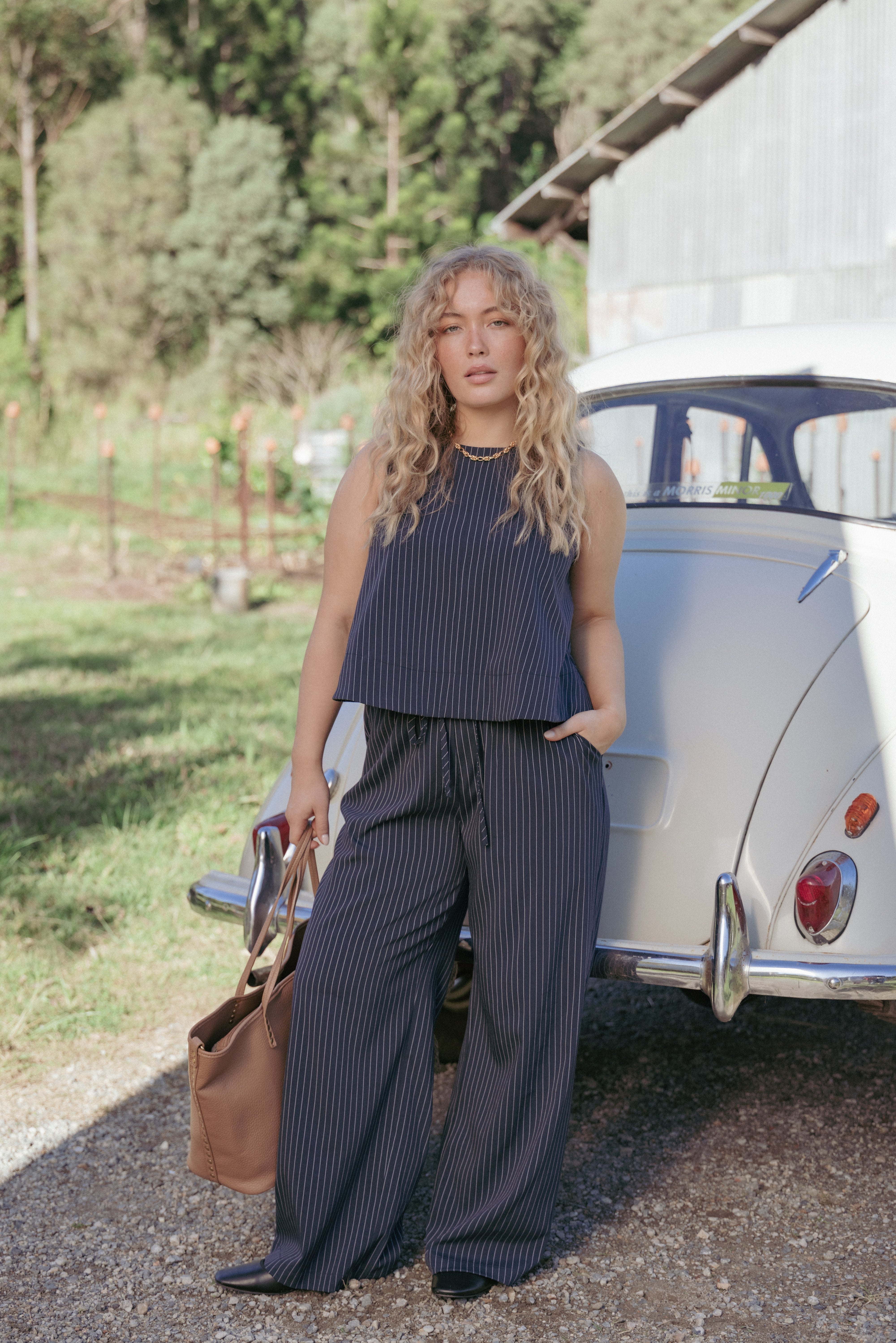 Women’s Navy White Stripe Pants, High-Rise Wide Leg