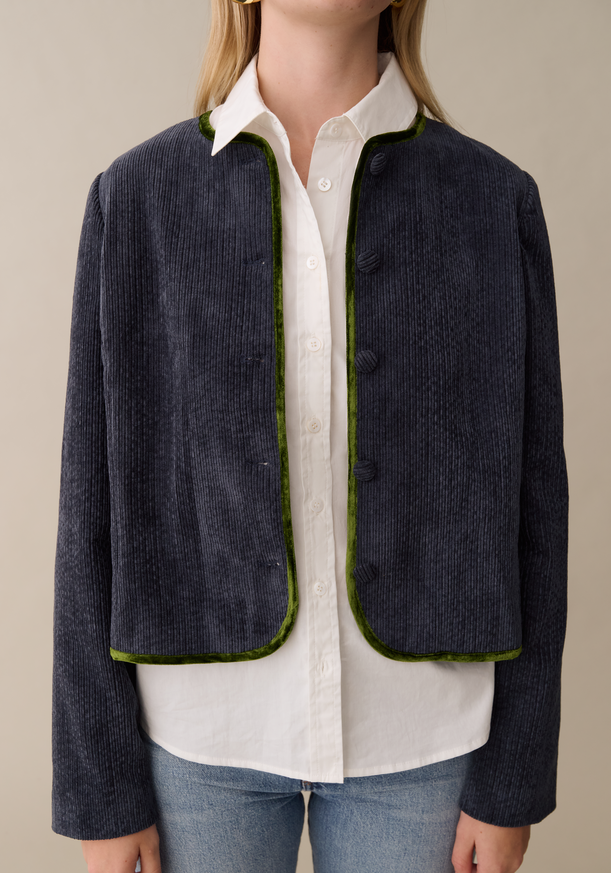 Women’s Cropped Corduroy Jacket with Velvet Trim, Modern