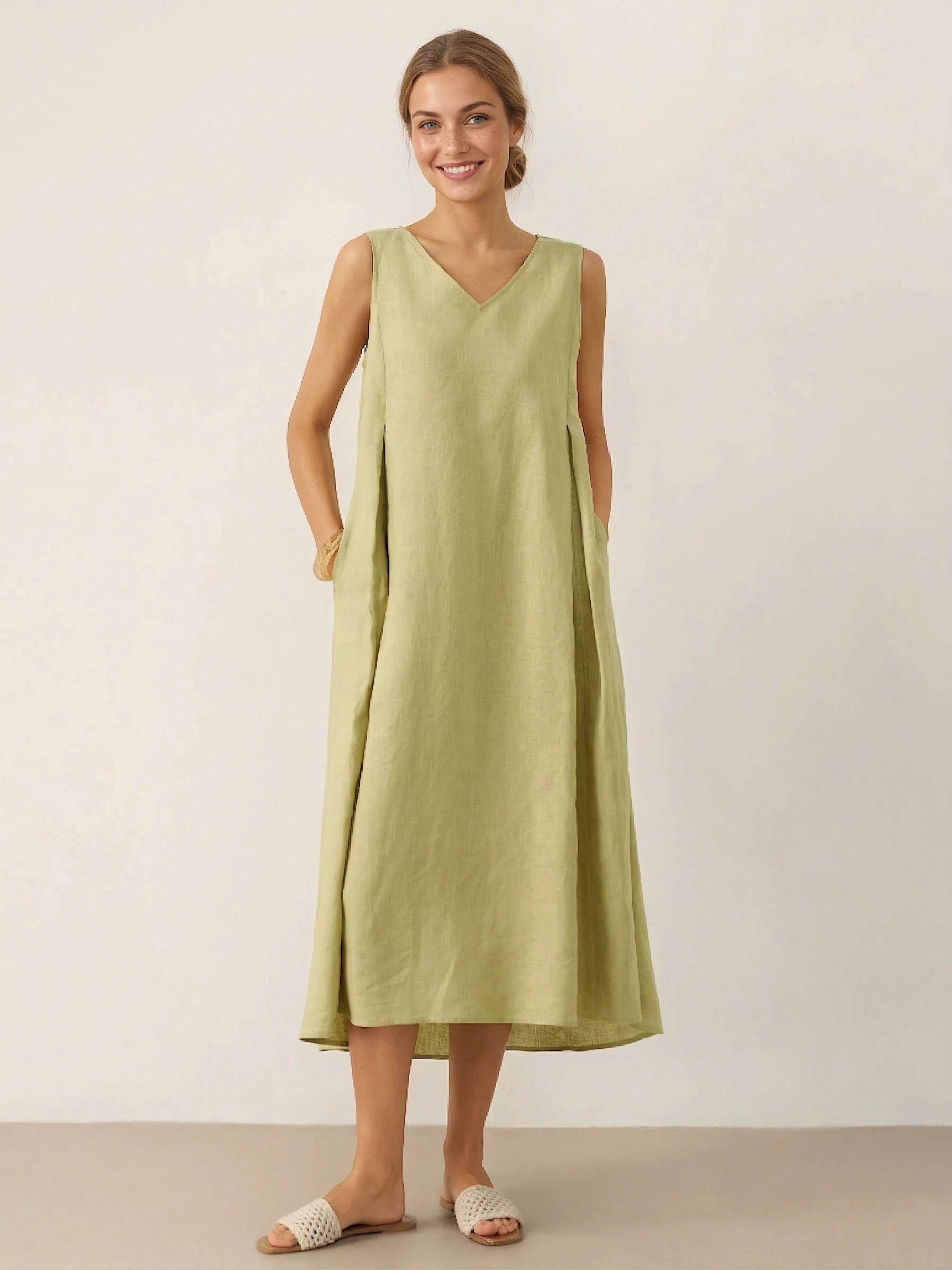 Breathable Pure Linen A Line Maxi Dress with V Neckline and Adjustable Back Tie