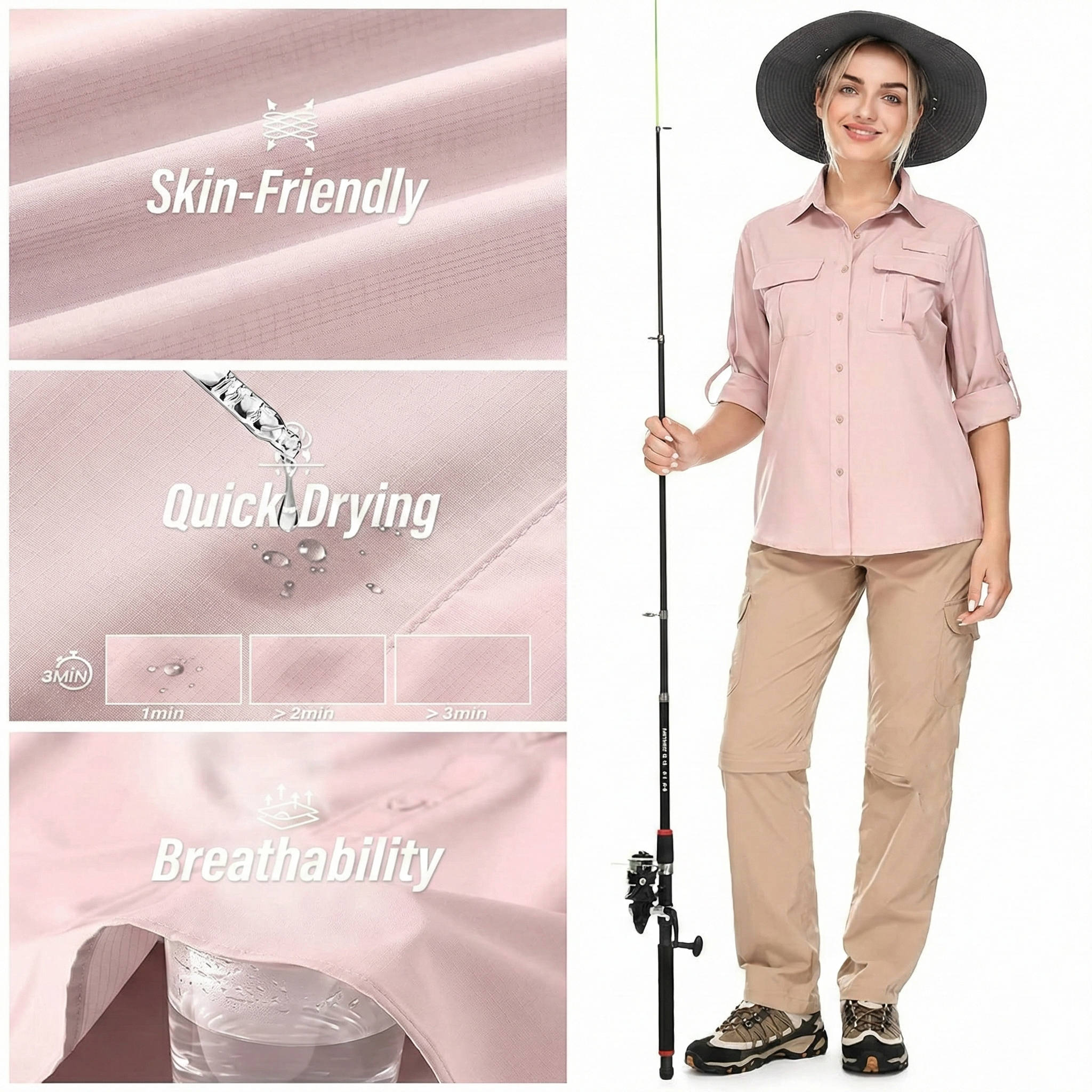 Women's UPF 50 Long Sleeve Shirt with Convertible Sleeves and Mesh Back, Hiking Fishing