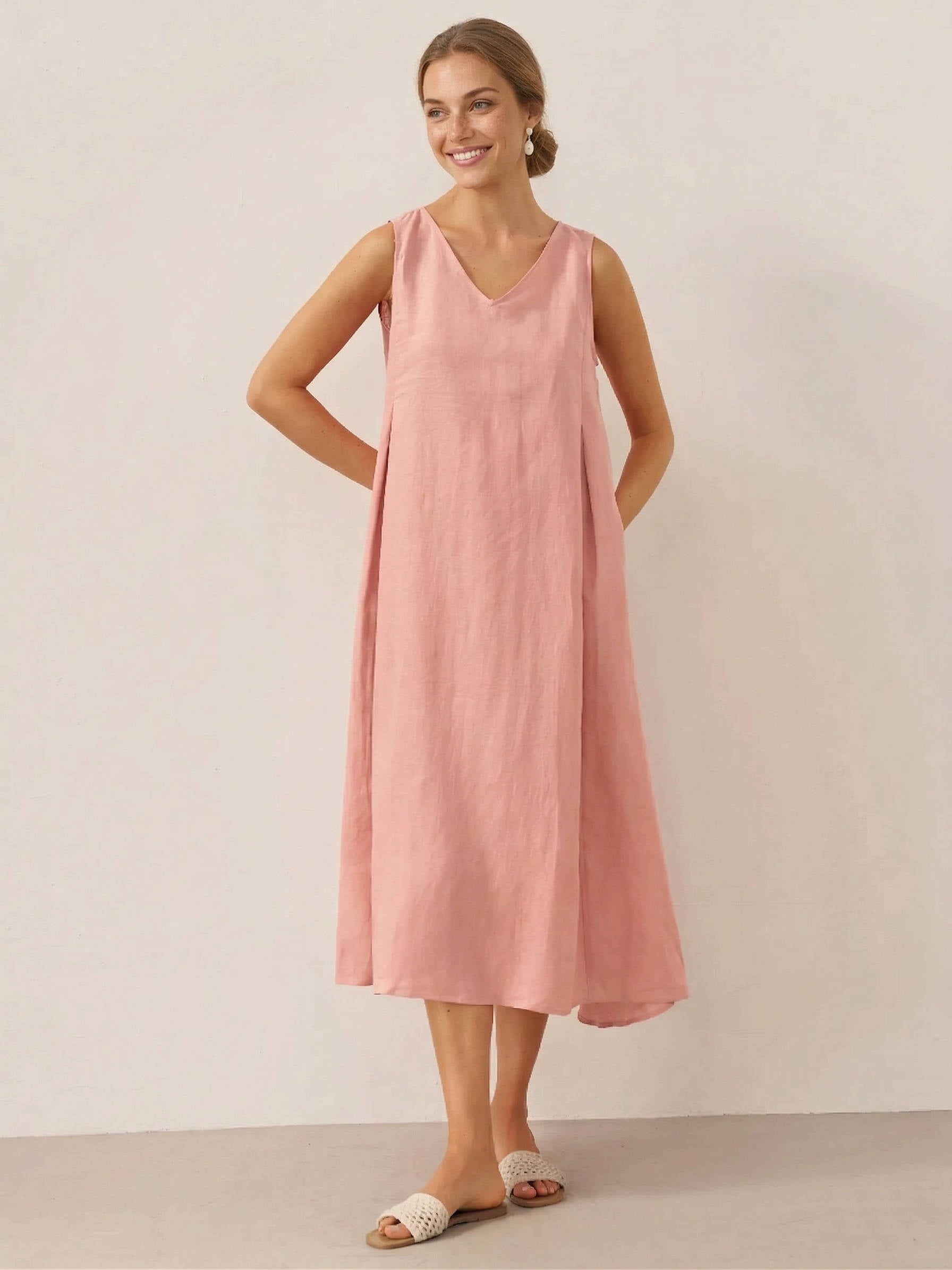 Breathable Pure Linen A Line Maxi Dress with V Neckline and Adjustable Back Tie