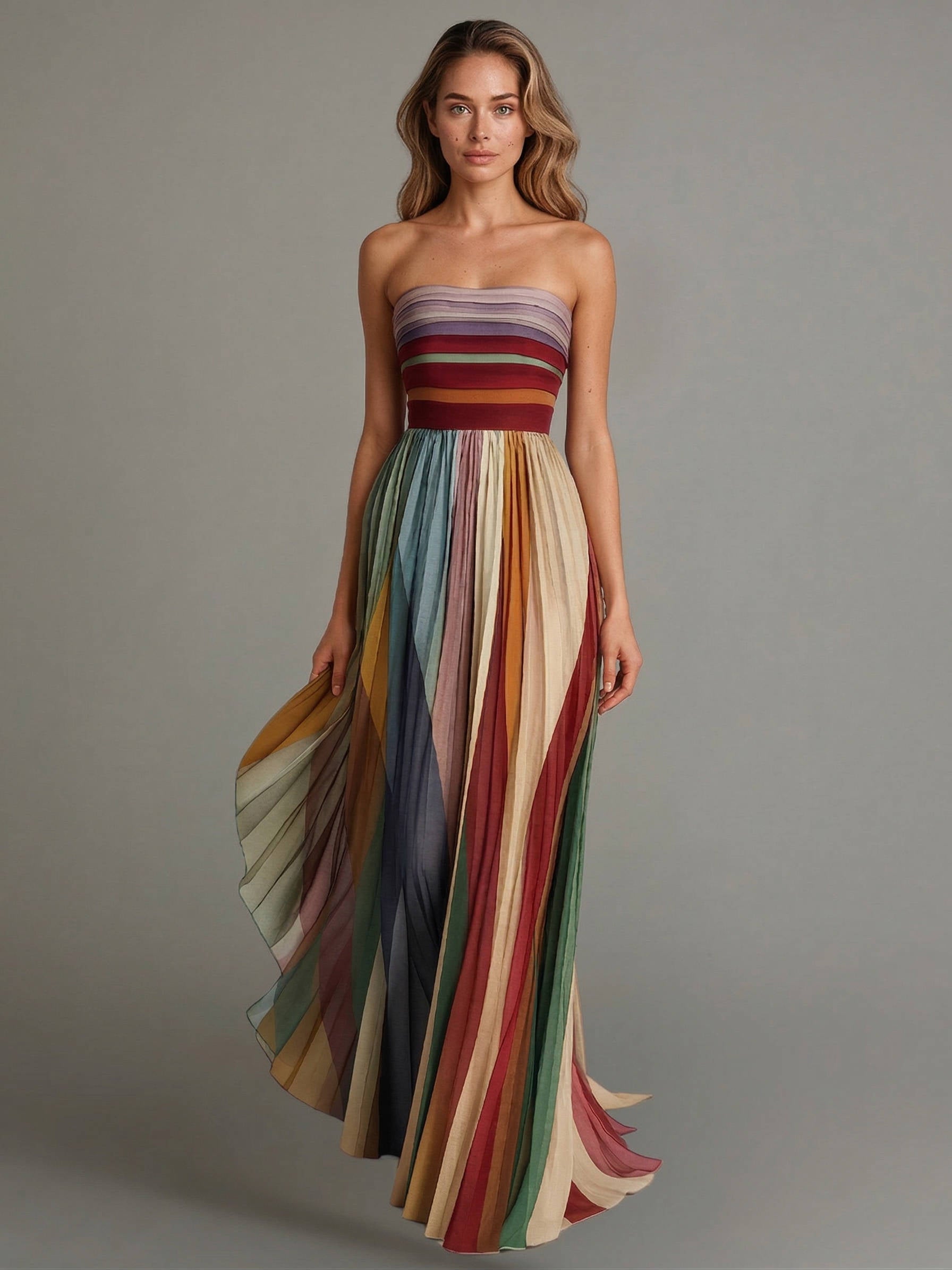 Strapless Maxi Dress with Structured Boning and Pleated Chiffon Skirt, Vertical Stripe