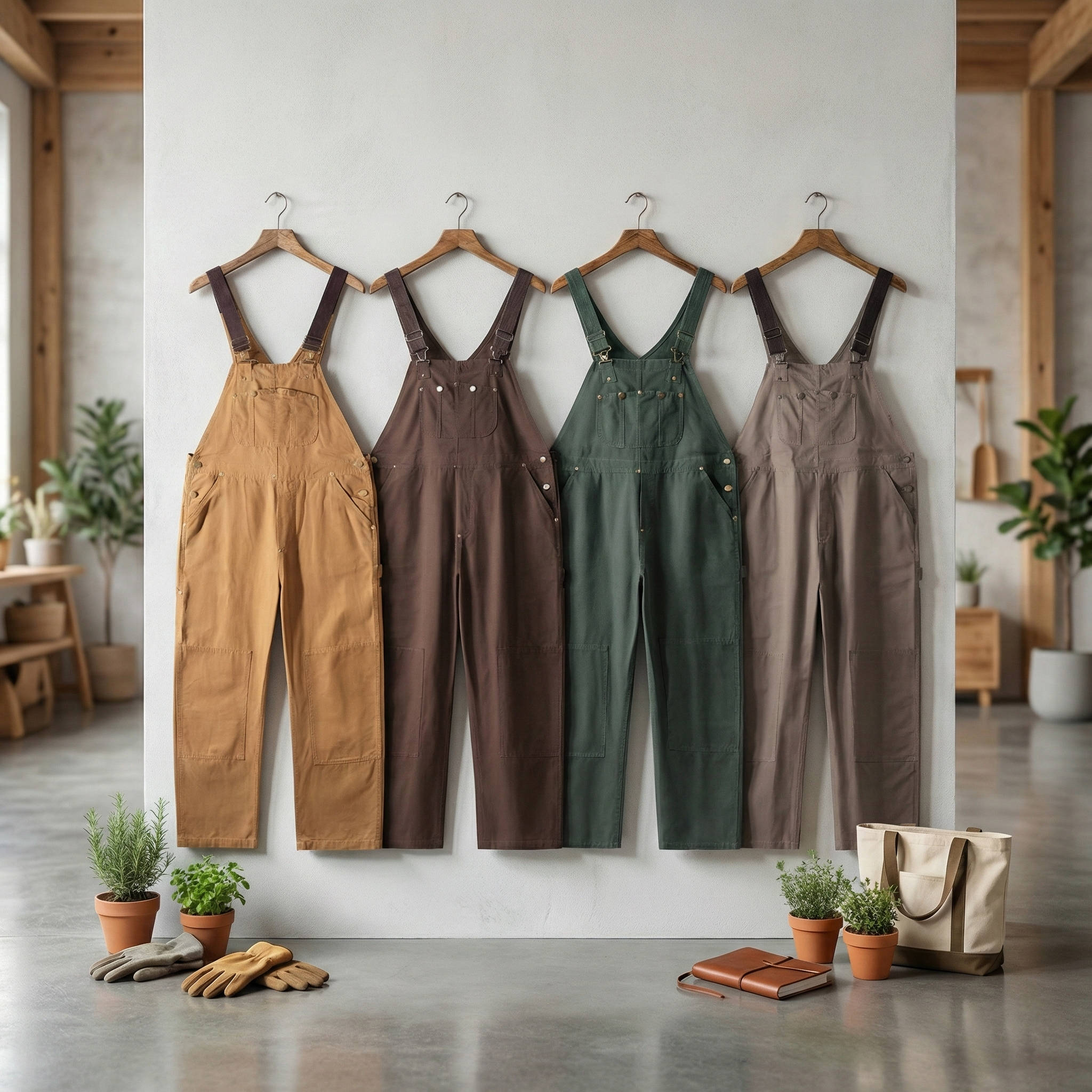 Women's Canvas Bib Overalls with Padded Straps and Multiple Pockets