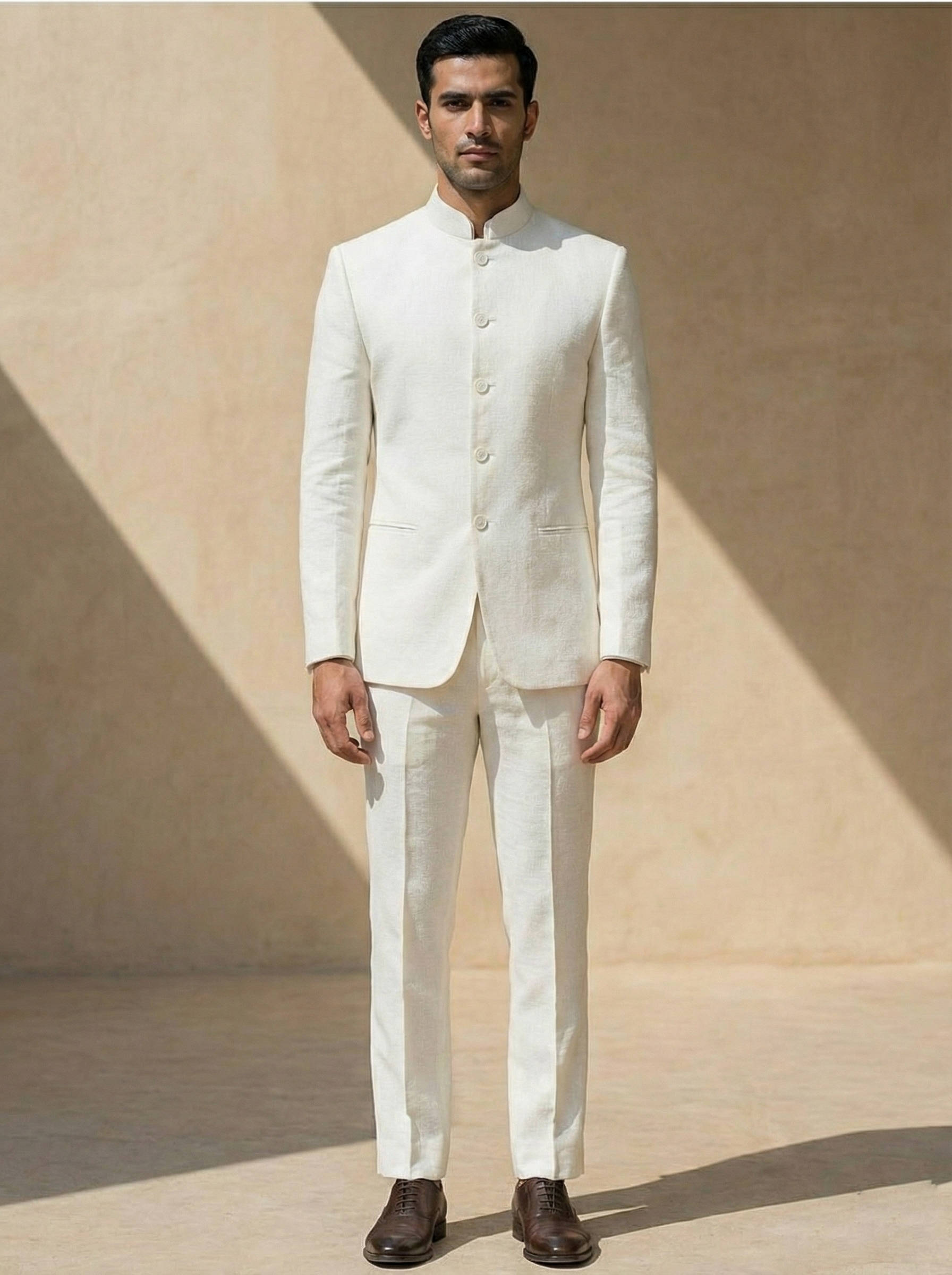 Men's Slim Fit Formal Suit with High Nehru Collar and Polyester Viscose Blend