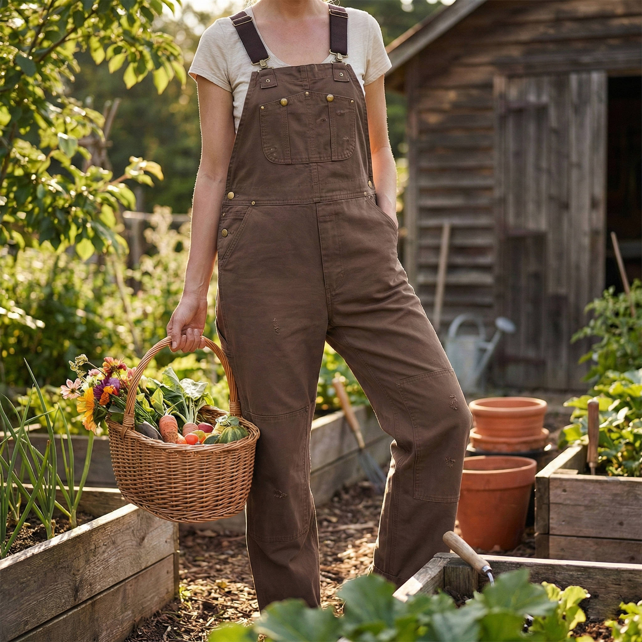 Women's Canvas Bib Overalls with Padded Straps and Multiple Pockets