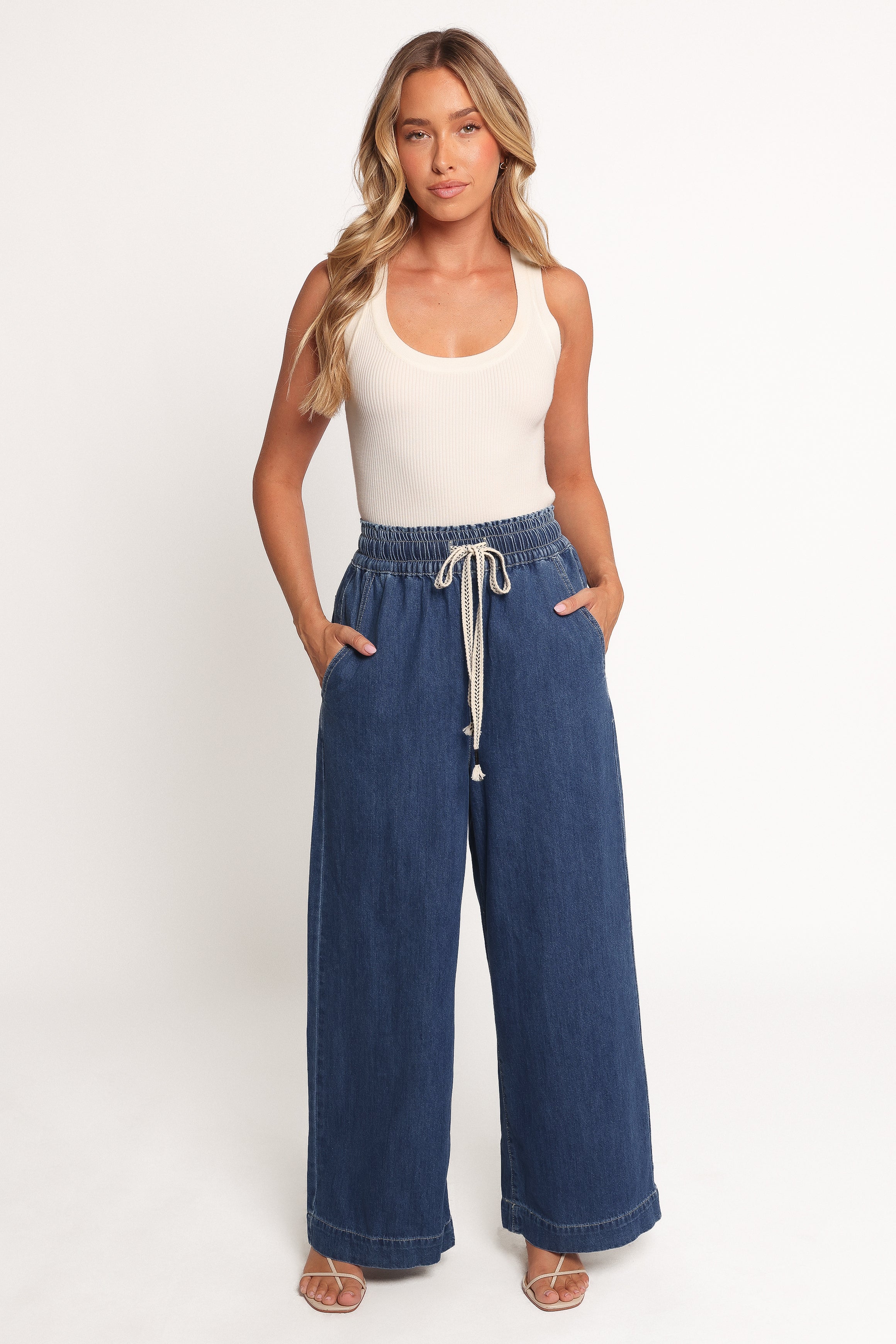 Women’s Denim Wide Leg Pants, High-Waisted Elastic Waist
