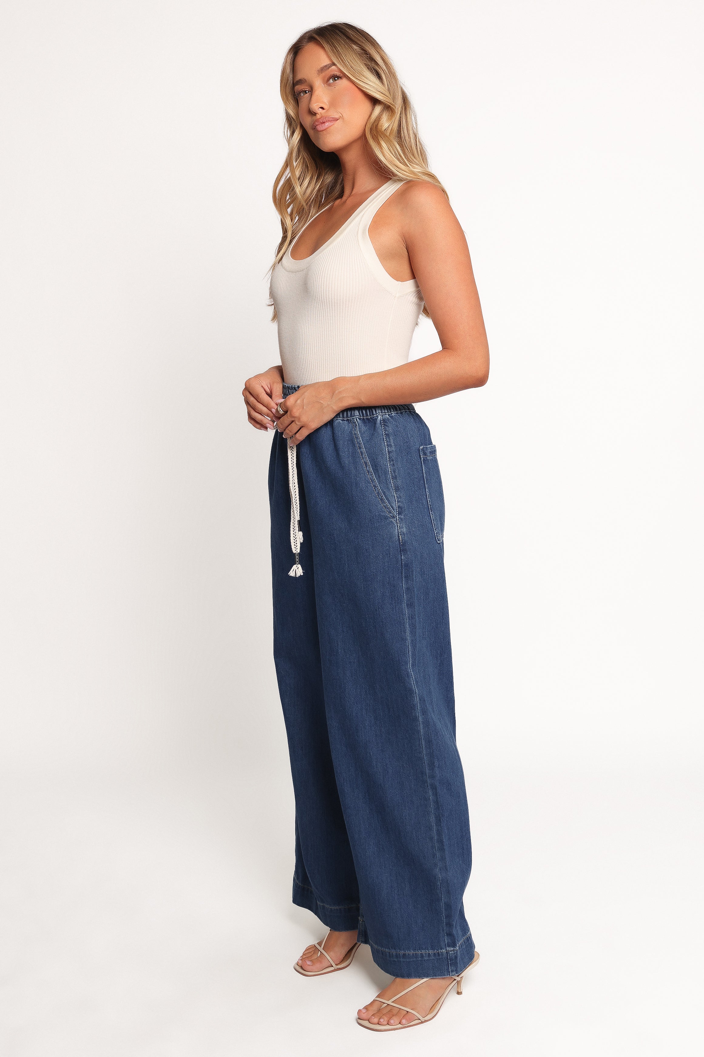 Women’s Denim Wide Leg Pants, High-Waisted Elastic Waist