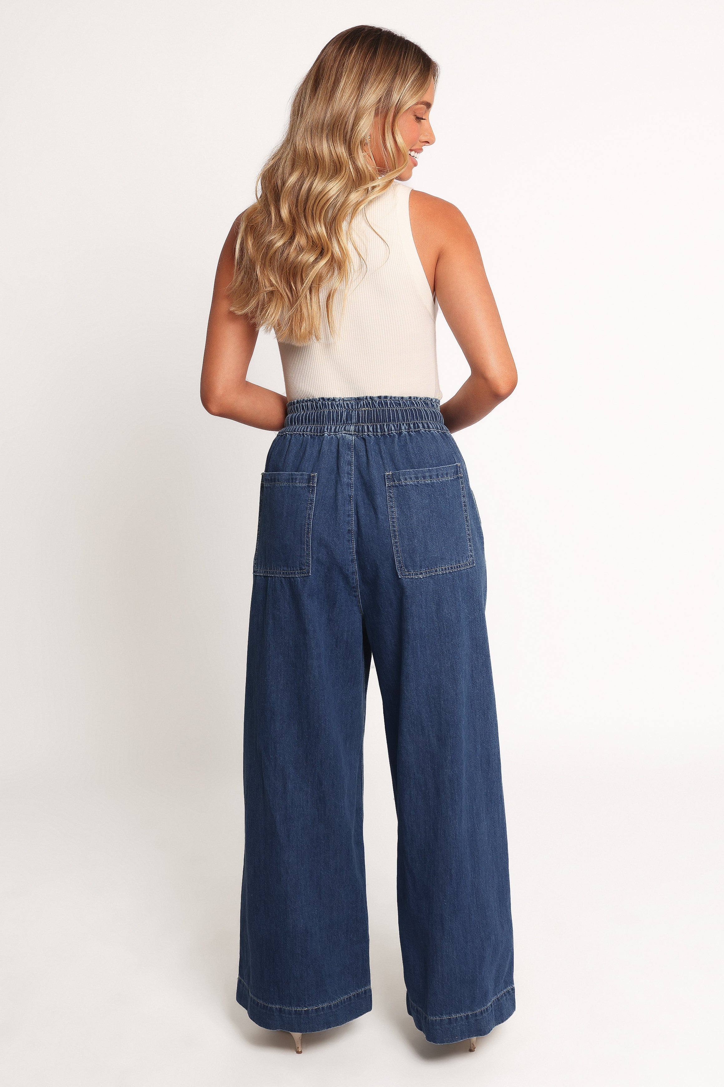 Women’s Denim Wide Leg Pants, High-Waisted Elastic Waist