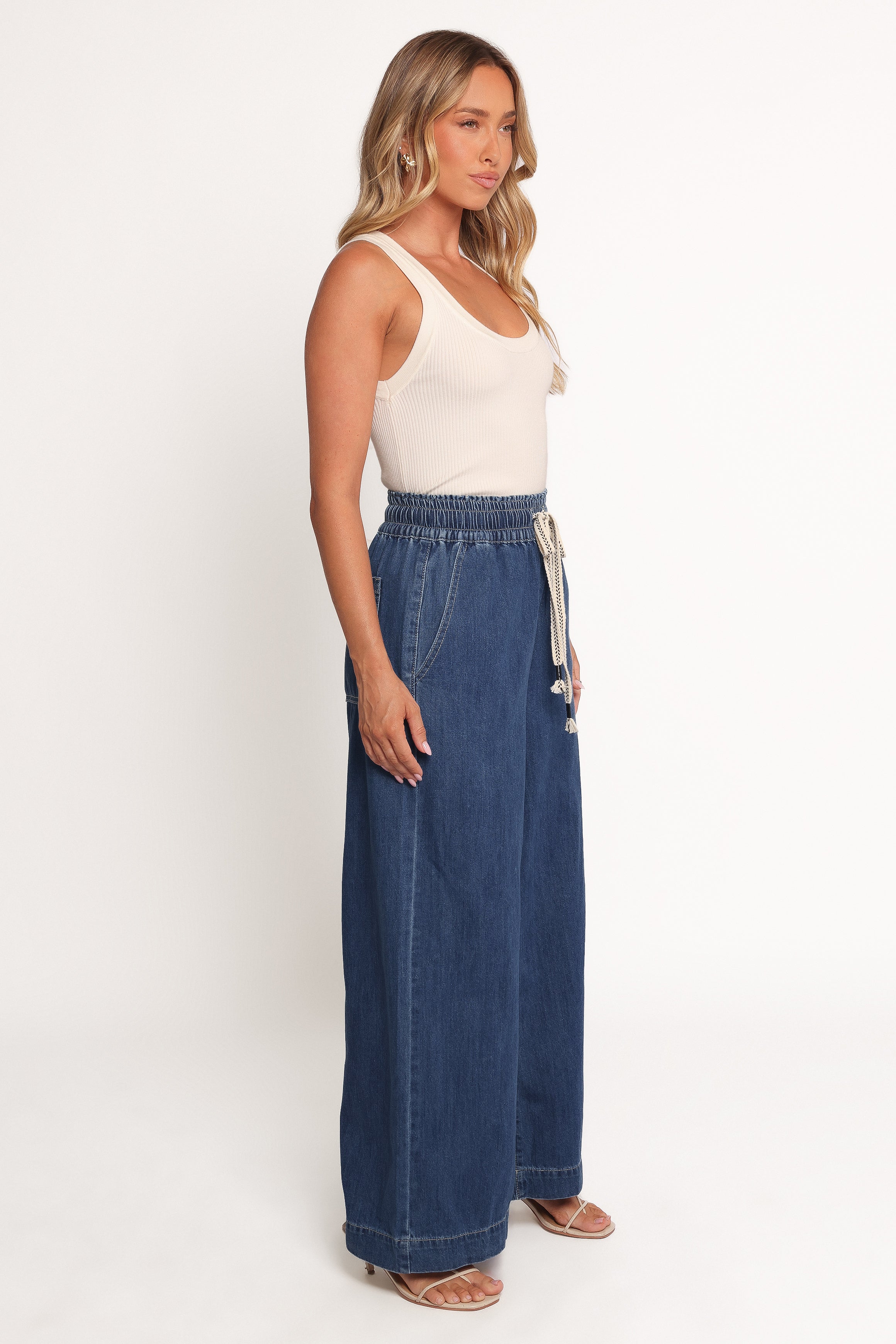 Women’s Denim Wide Leg Pants, High-Waisted Elastic Waist