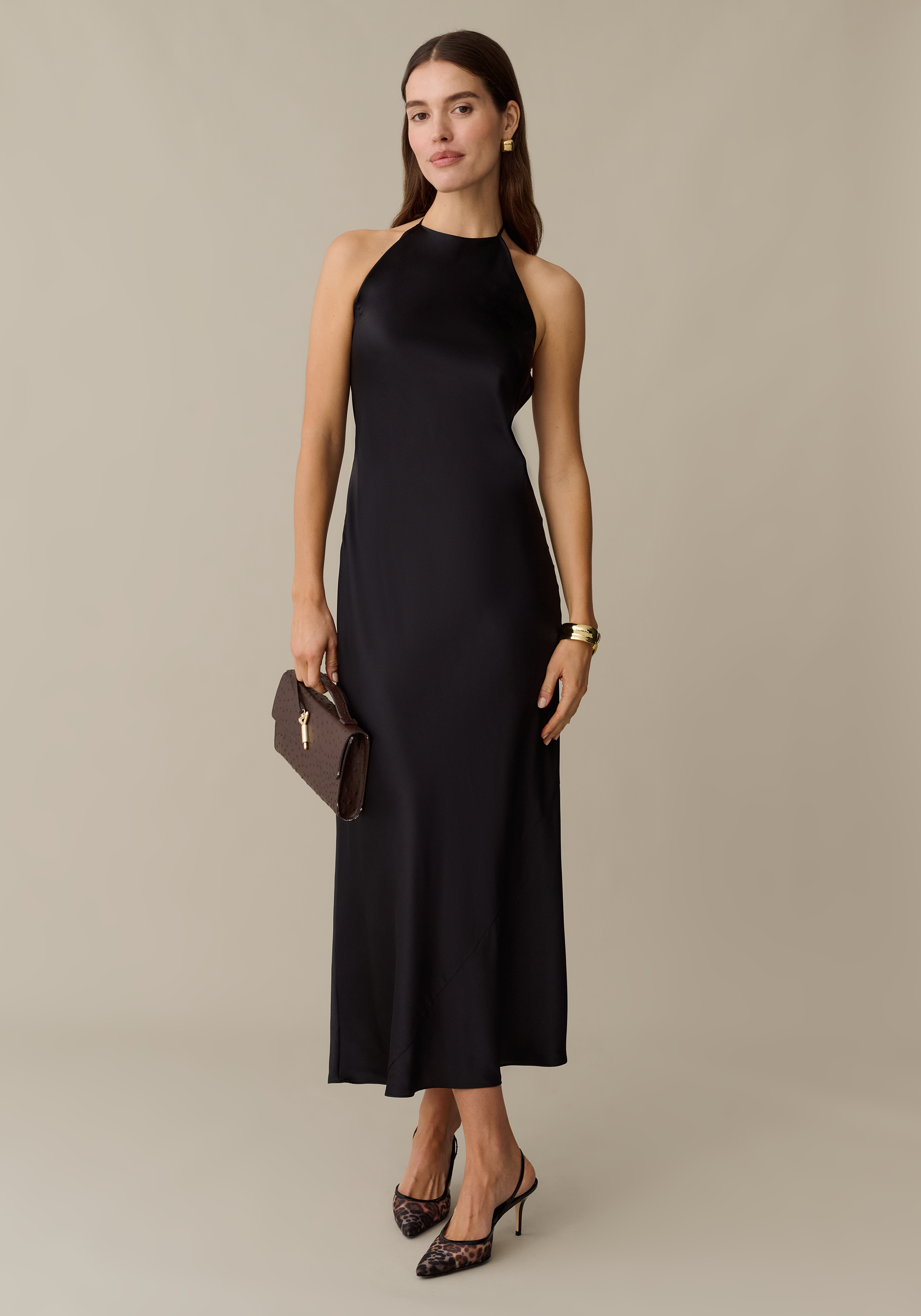 Women’s Silk Maxi Dress with Halterneck Tie & Open Back, Elegant