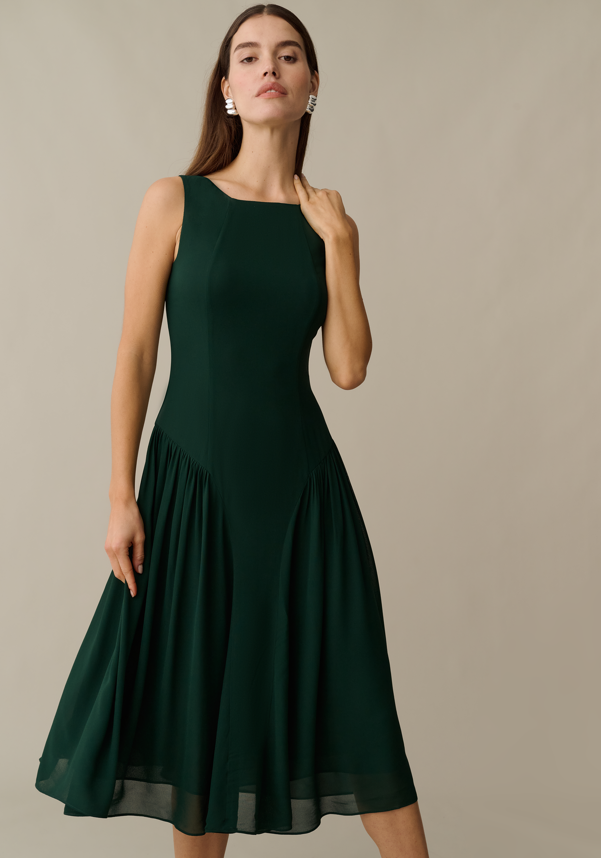 Women’s Lightweight Midi Dress with High Neck & Scoop Back, Chiffon