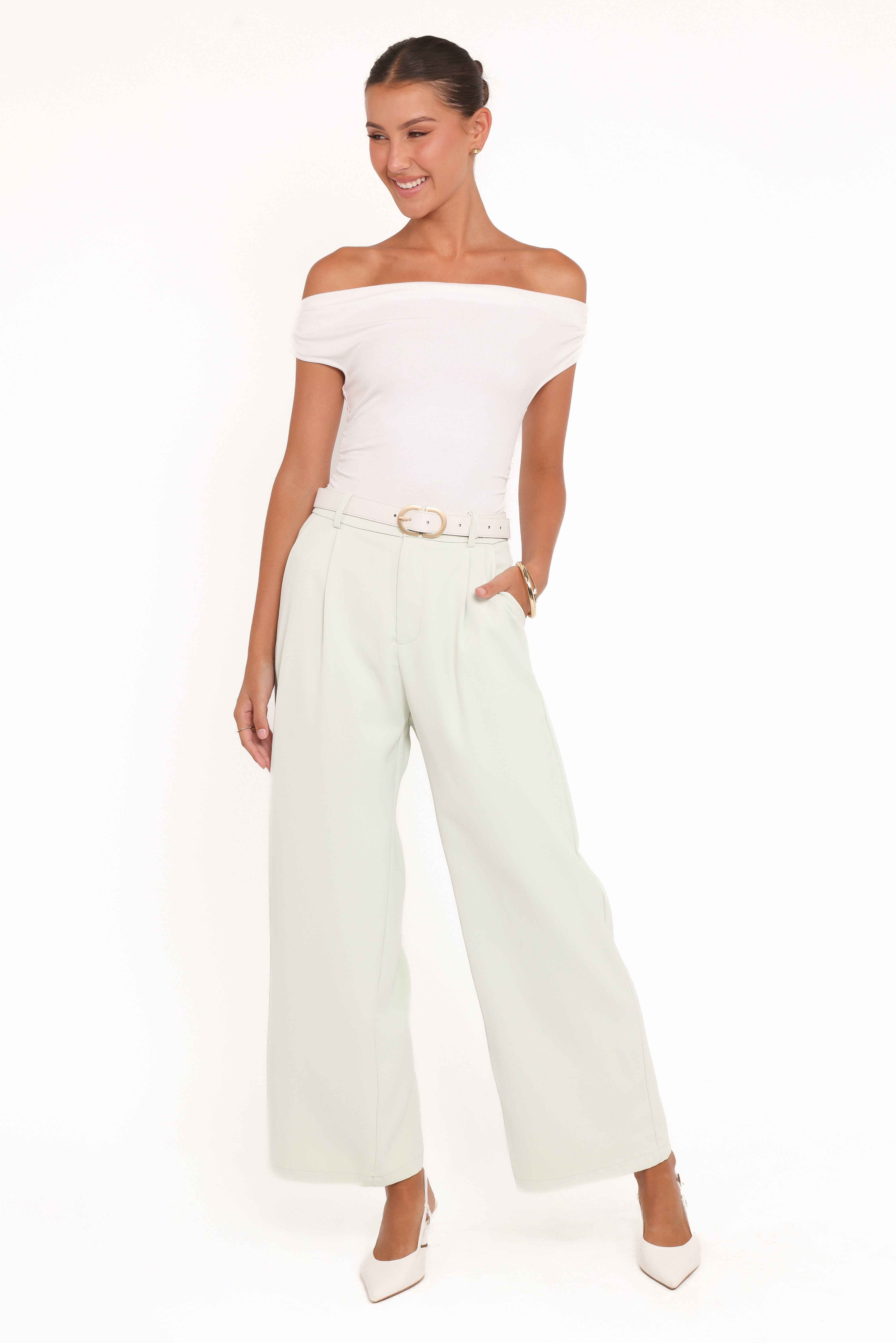 Women’s Sage Green Wide Leg Pants, High-Rise Front Pleat