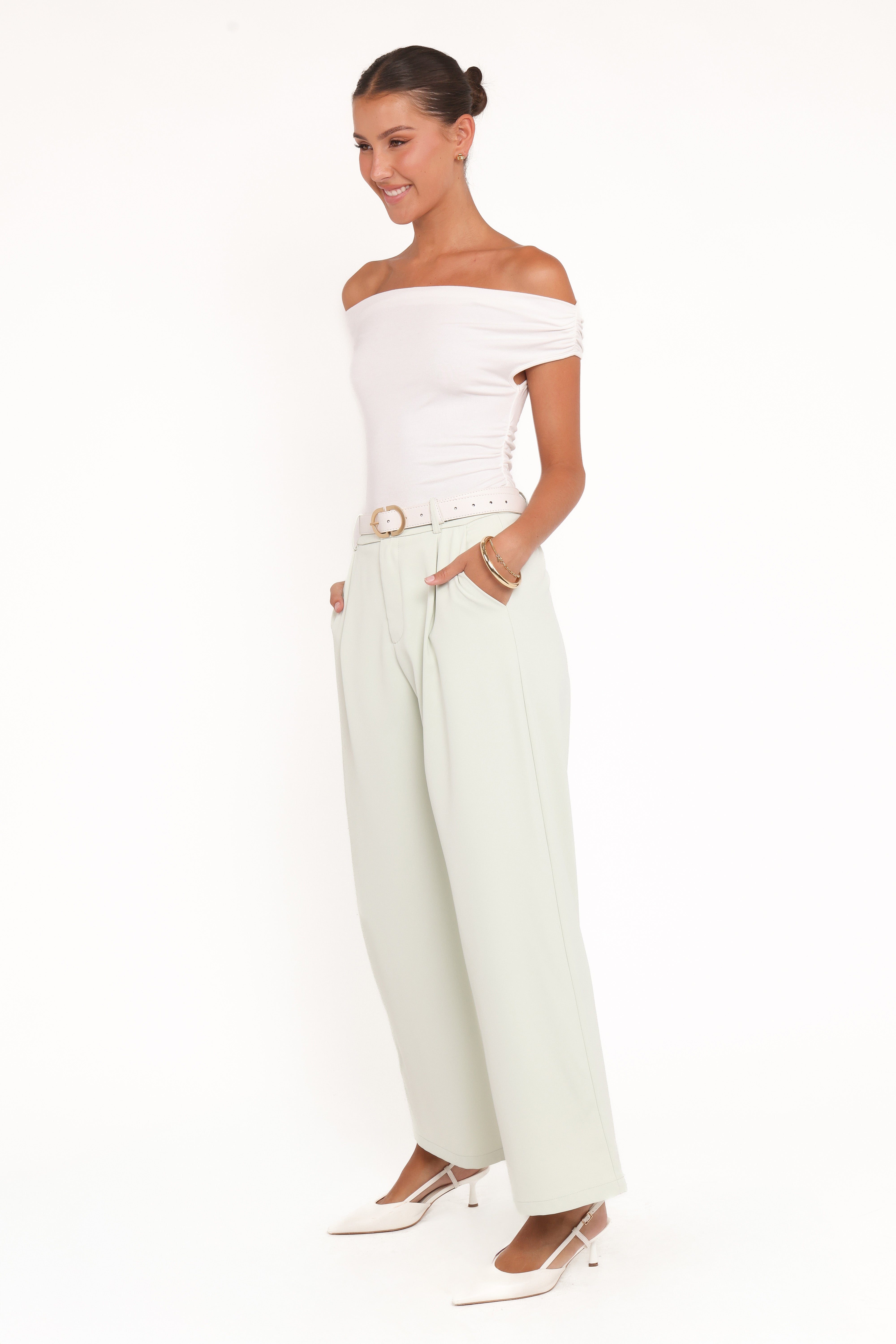 Women’s Sage Green Wide Leg Pants, High-Rise Front Pleat