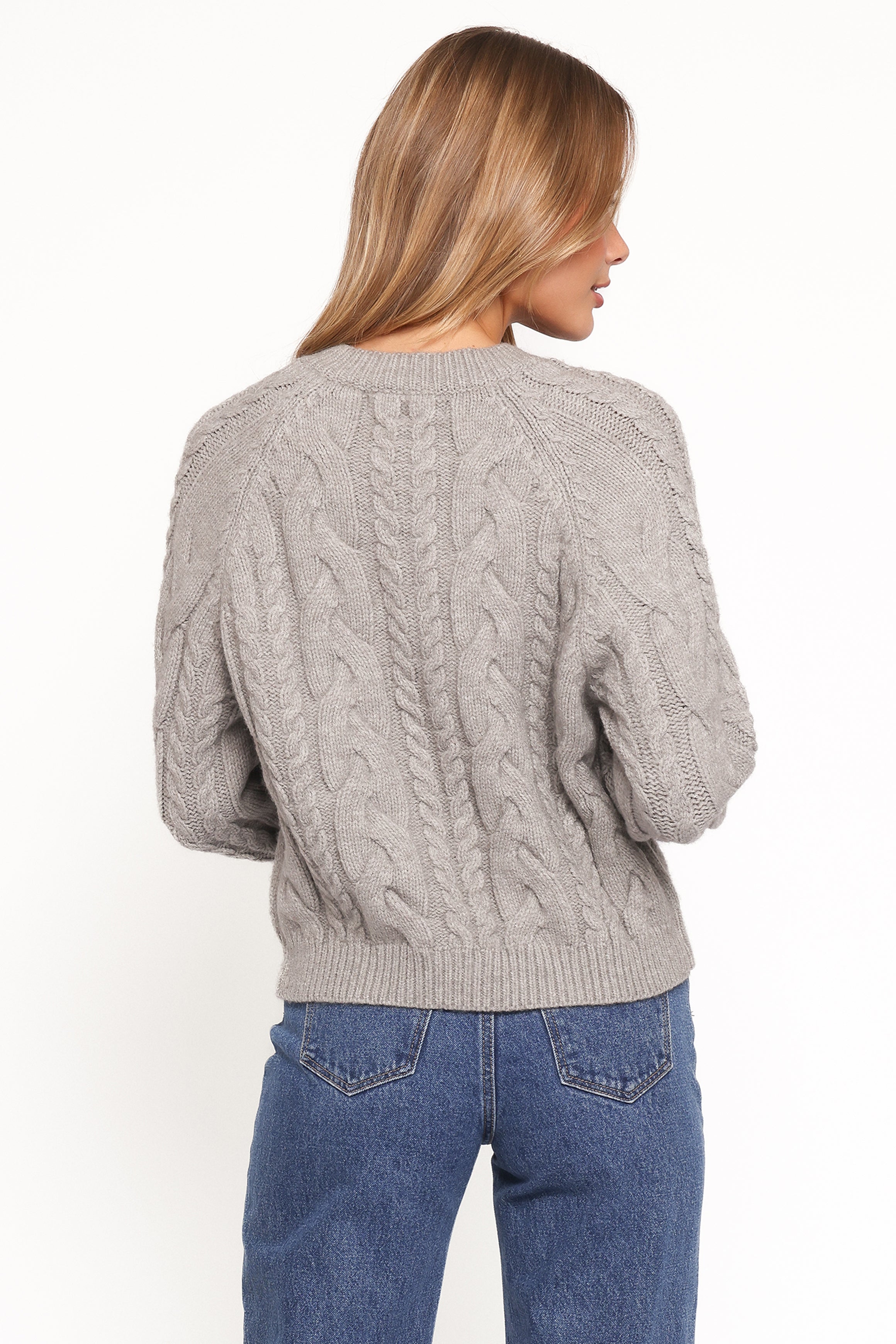Women’s Grey Cable Knit Cardigan, Cropped Long Sleeve