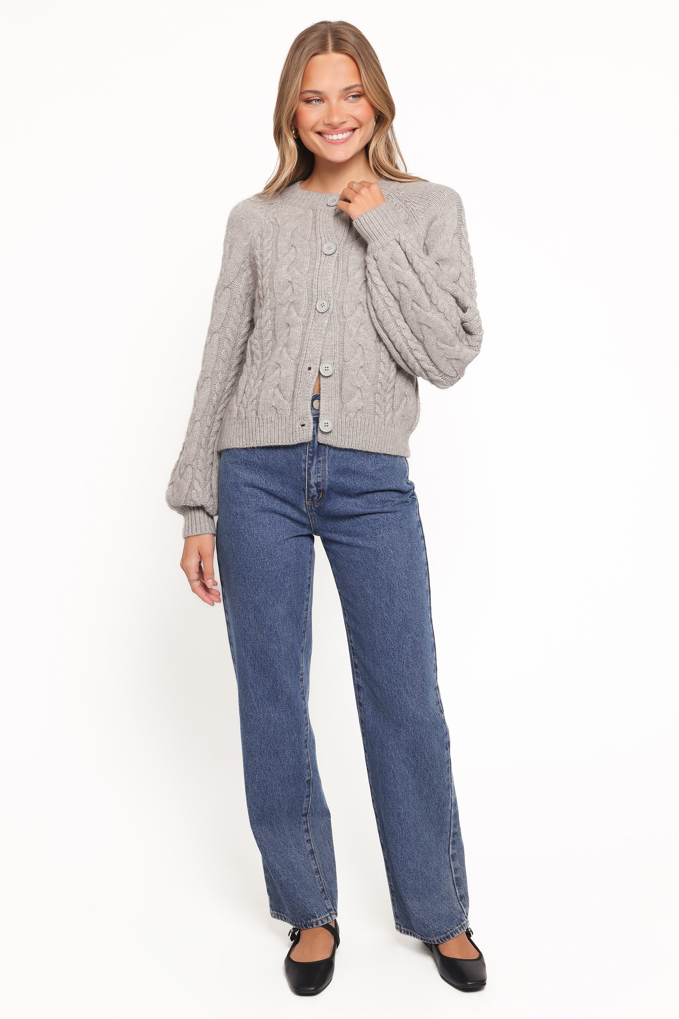 Women’s Grey Cable Knit Cardigan, Cropped Long Sleeve
