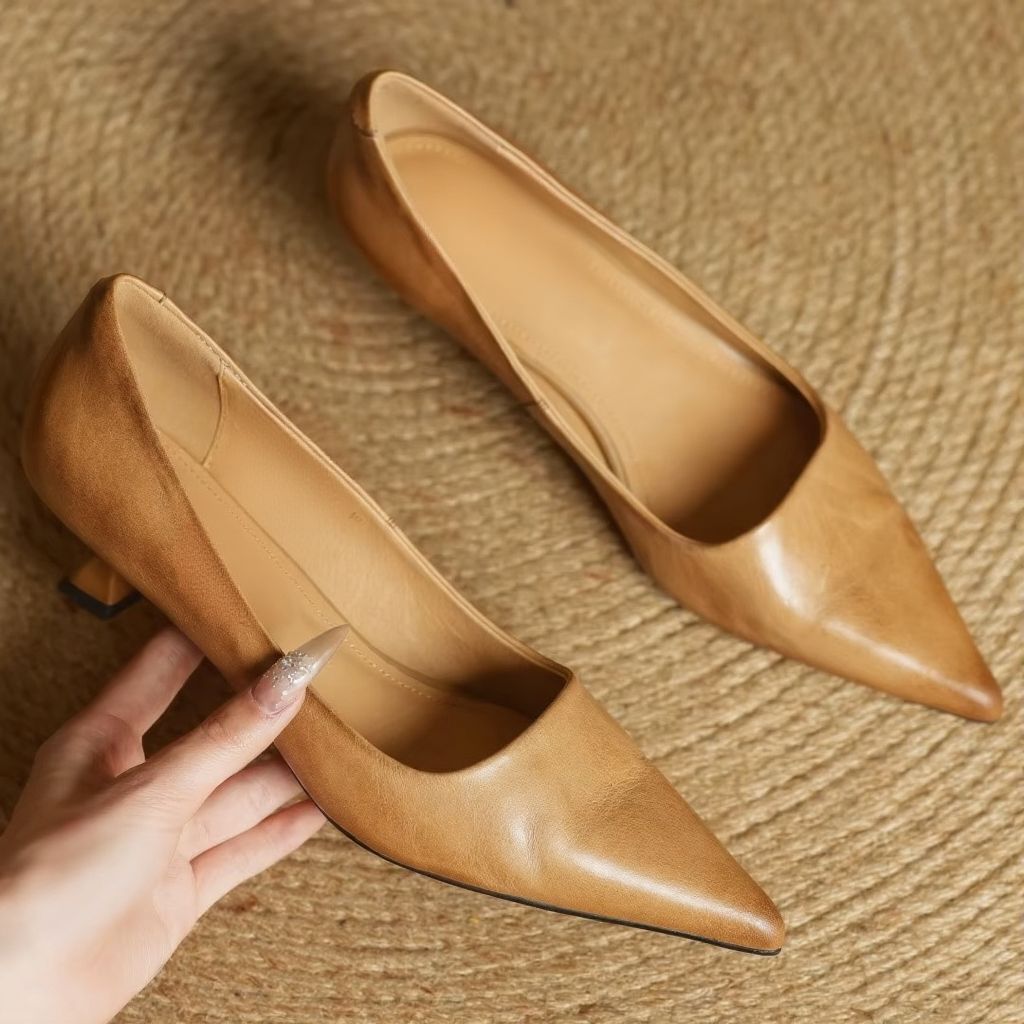 Pointed Toe Leather Pumps with Slip-On Closure and Thin 1.8 Inch Heel