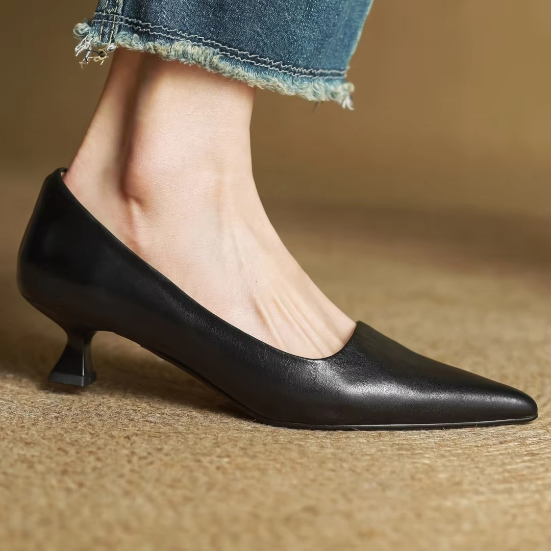 Pointed Toe Leather Pumps with Slip-On Closure and Thin 1.8 Inch Heel