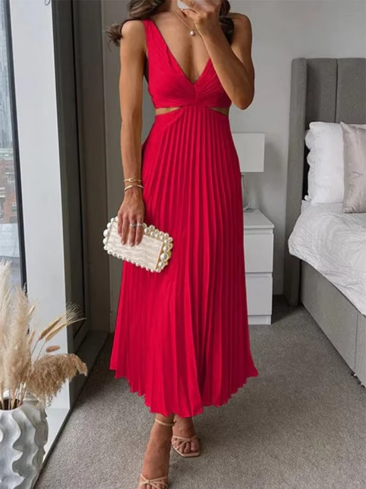 Ankle-Length Maxi Dress with Deep V Neckline and Pleated High Waist, Breathable Fabric