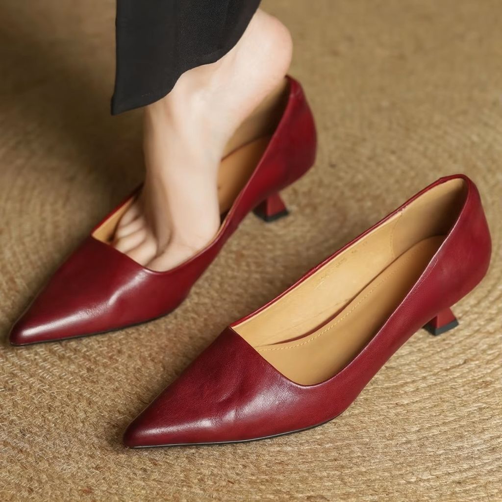 Pointed Toe Leather Pumps with Slip-On Closure and Thin 1.8 Inch Heel