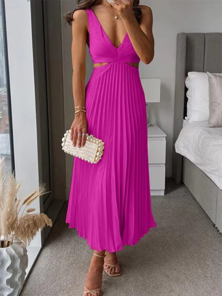 Ankle-Length Maxi Dress with Deep V Neckline and Pleated High Waist, Breathable Fabric
