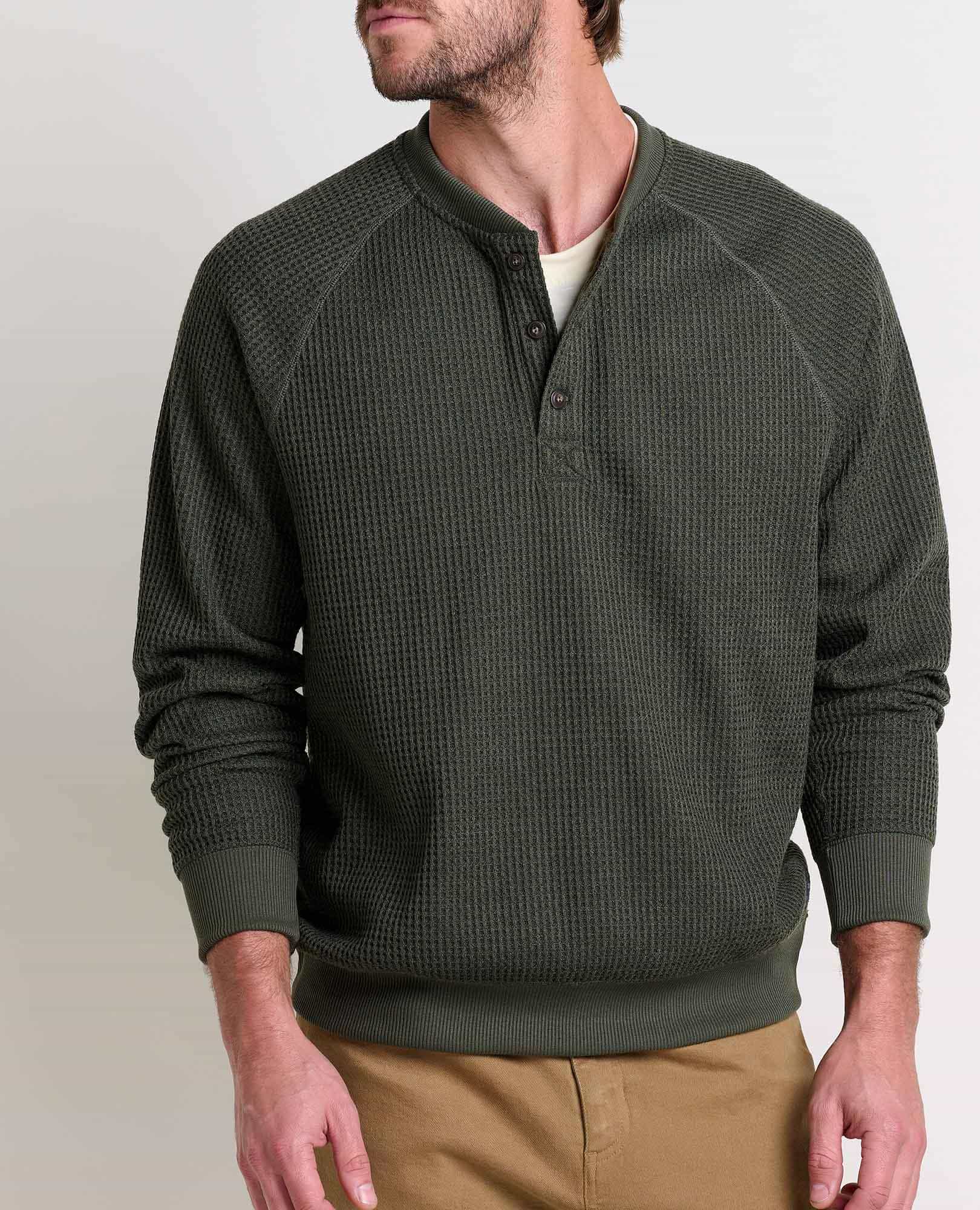 Men’s Midweight Henley Shirt Waffle Knit, Breathable