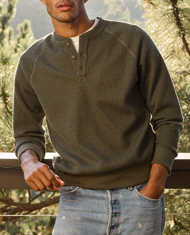 Men’s Midweight Henley Shirt Waffle Knit, Breathable