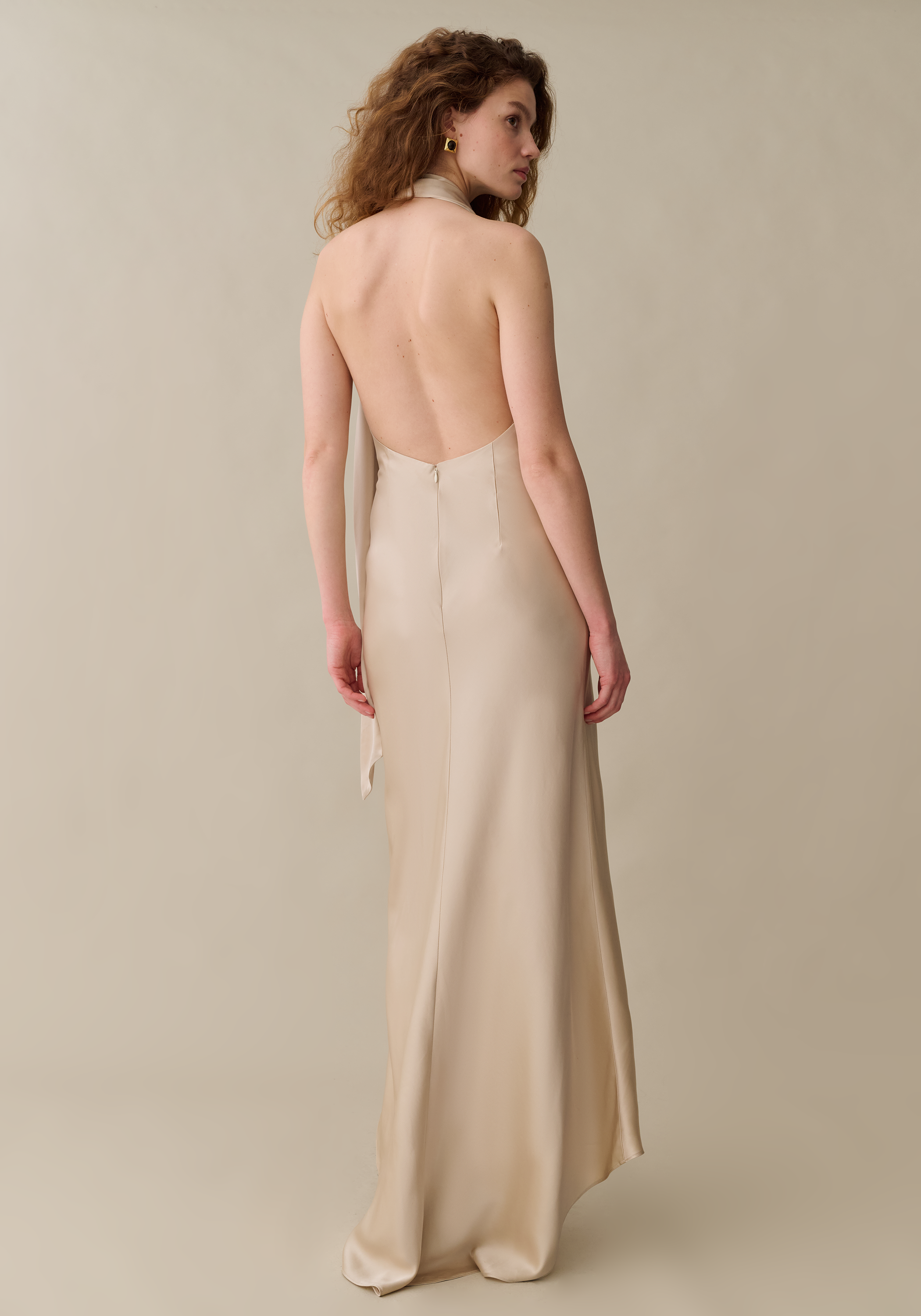 Women’s Elegant Maxi Dress with Plunging Back & Scarf, Silky