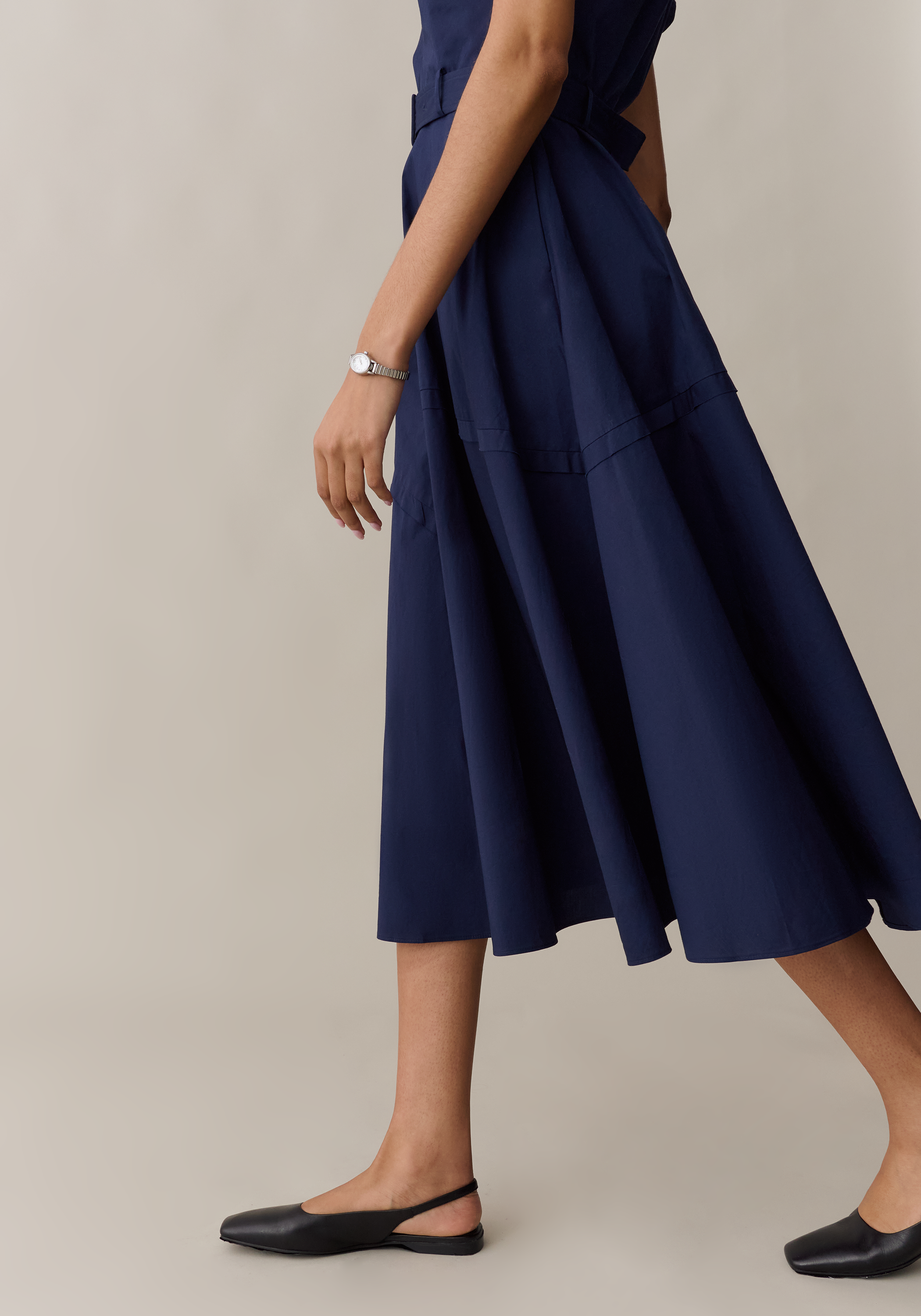 Women’s Elegant Midi Dress with Belt & Pockets, A-Line