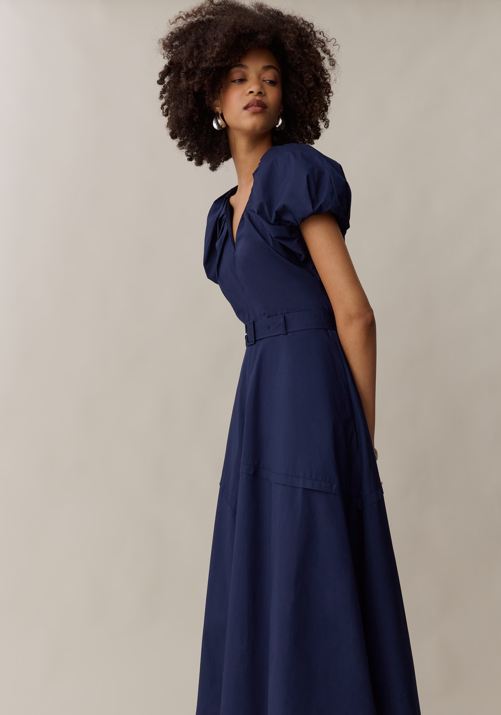 Women’s Elegant Midi Dress with Belt & Pockets, A-Line