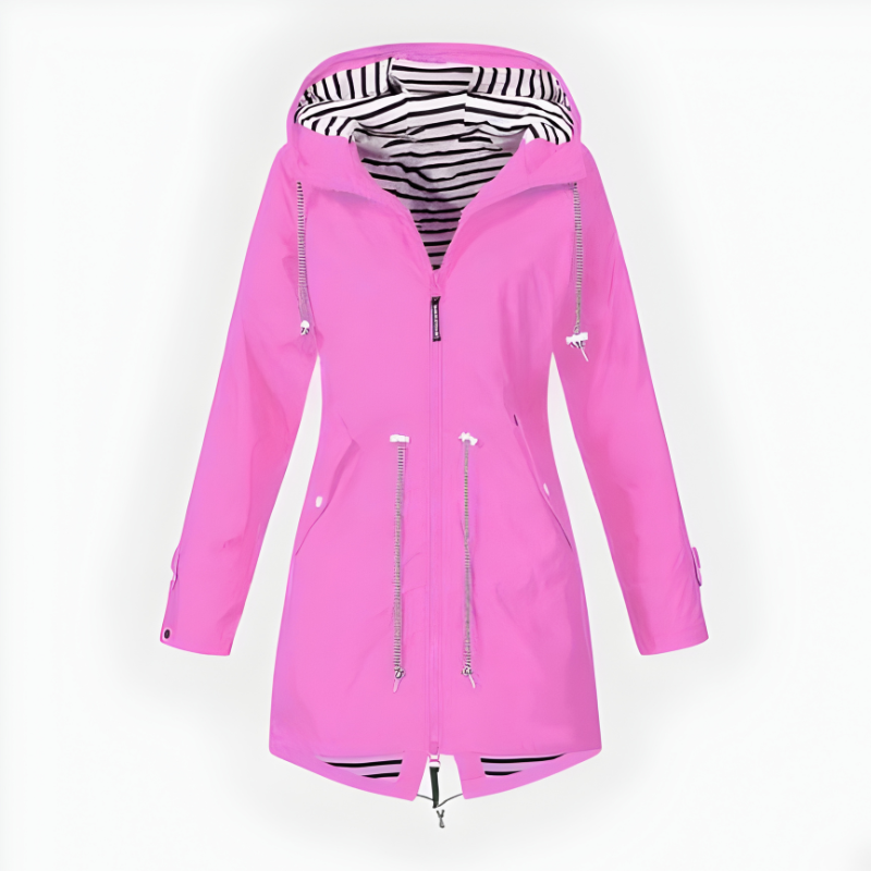 Women's Waterproof Long Rain Jacket with Adjustable Hood and Breathable Fabric