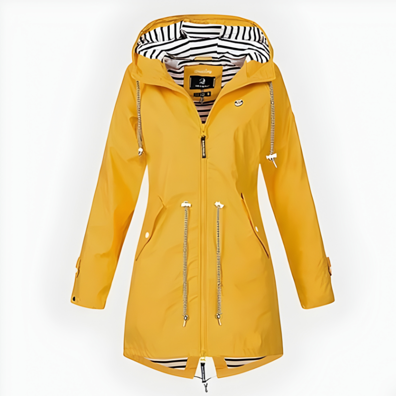 Women's Waterproof Long Rain Jacket with Adjustable Hood and Breathable Fabric