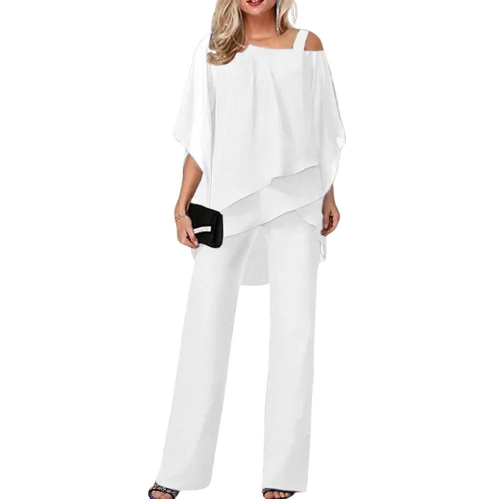 Women's Chiffon Pantsuit with Batwing Sleeves and Shimmer Details, Machine Washable