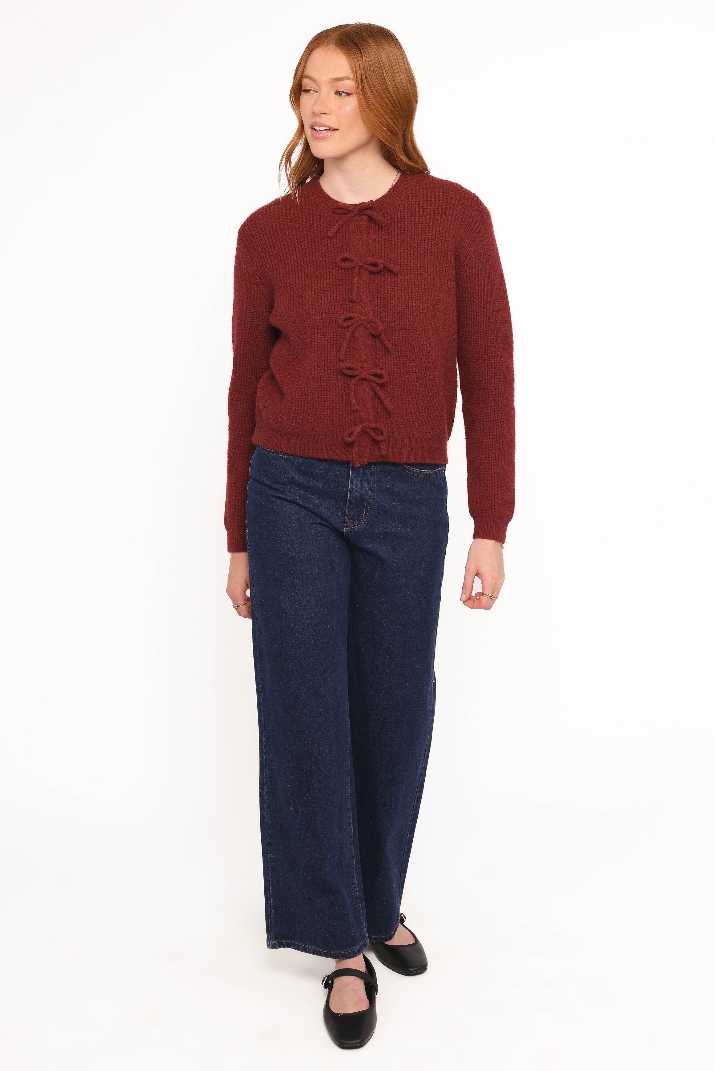 Women’s Burgundy Bow Front Cardigan, Ribbed Long Sleeve