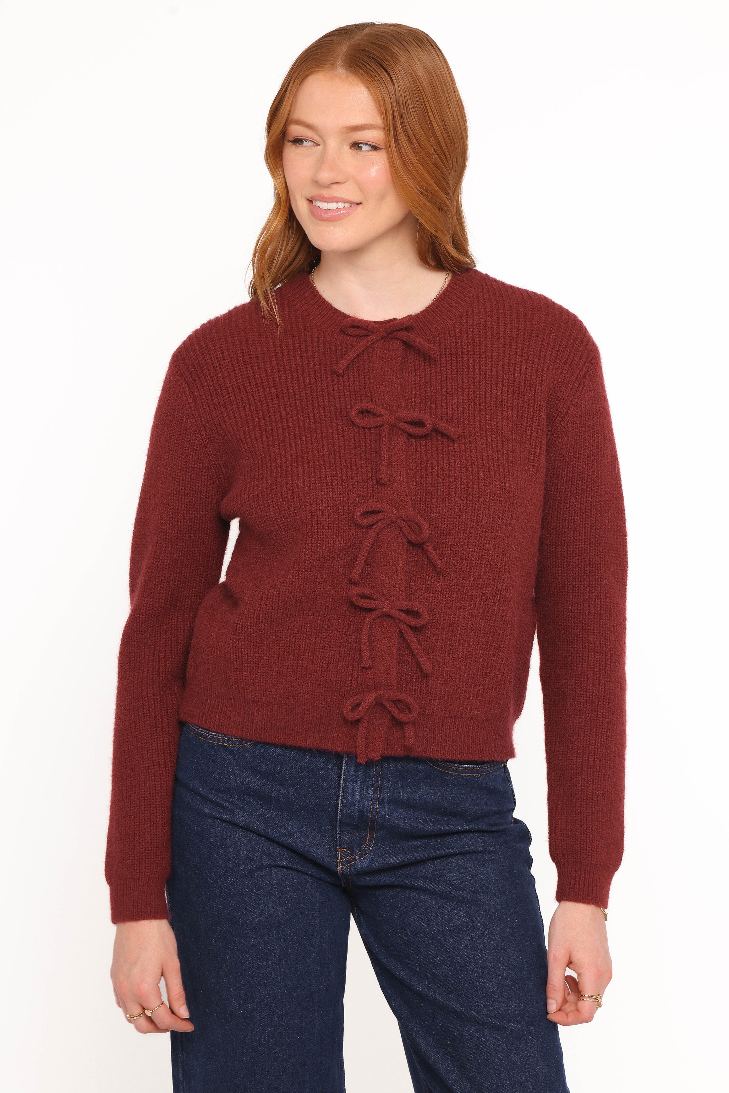 Women’s Burgundy Bow Front Cardigan, Ribbed Long Sleeve